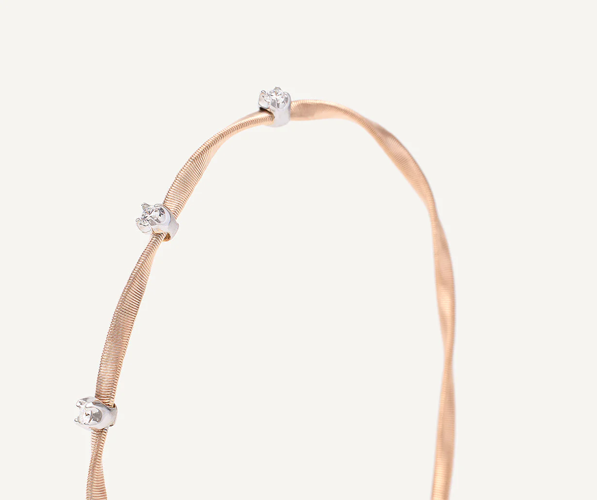 18K Rose Gold Coil Bangle with Diamond Stations, 2mm - Image 3