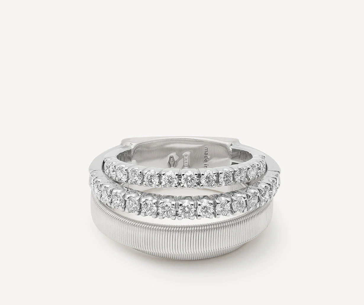 18K White Gold Four Row Coil Ring with Two Diamond Bands