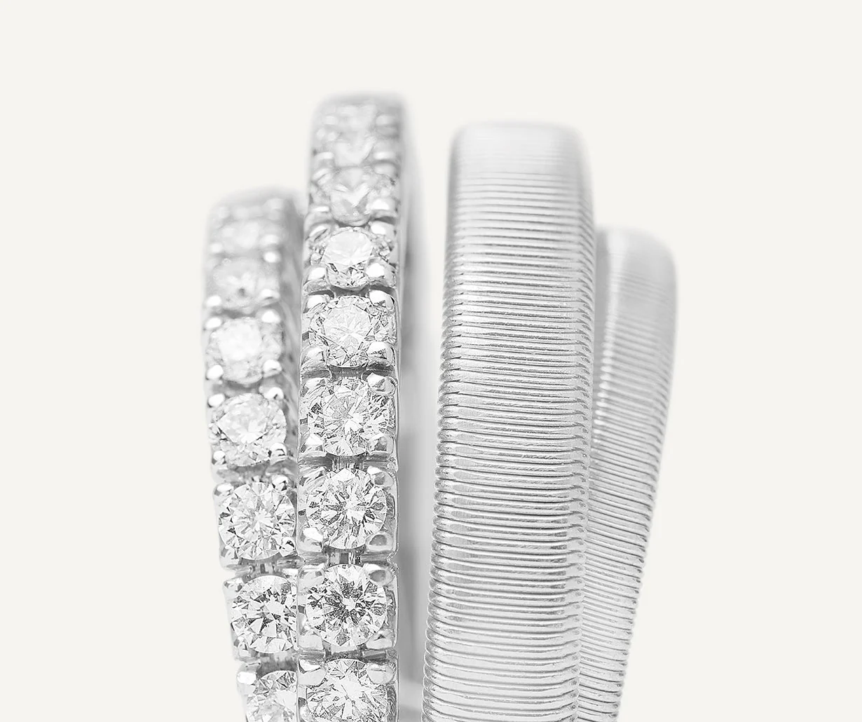 18K White Gold Four Row Coil Ring with Two Diamond Bands - Image 2