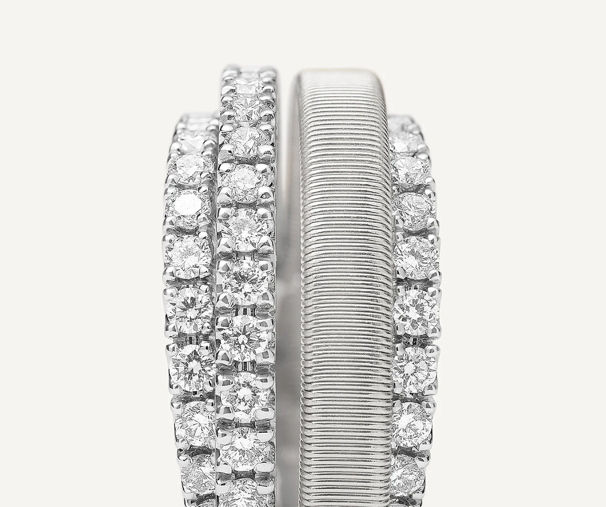 18K White Gold Four Row Coil Ring with Three Diamond Bands - Image 2