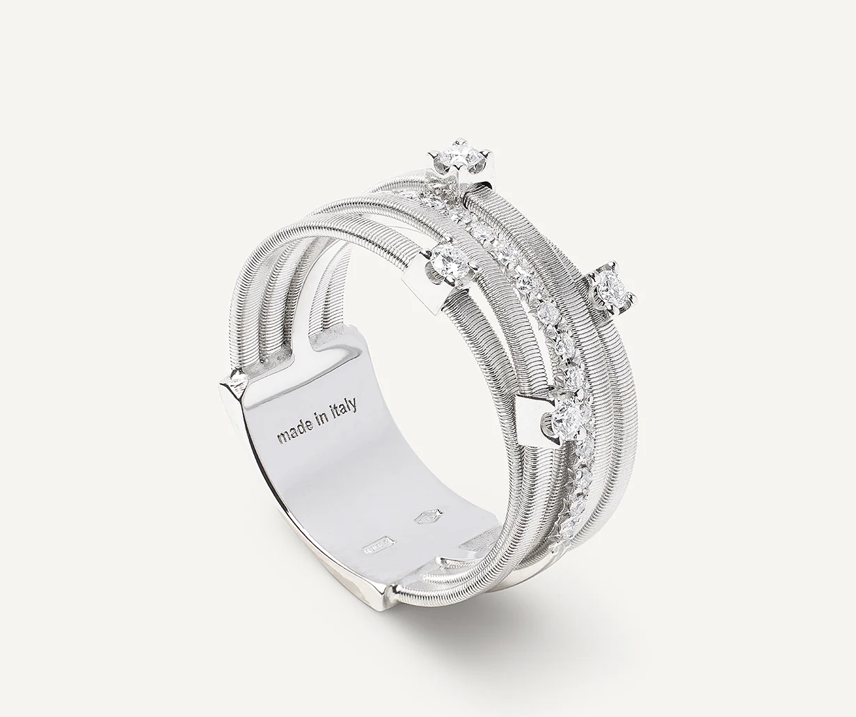 18K White Gold Five Row Coil Ring with Diamonds