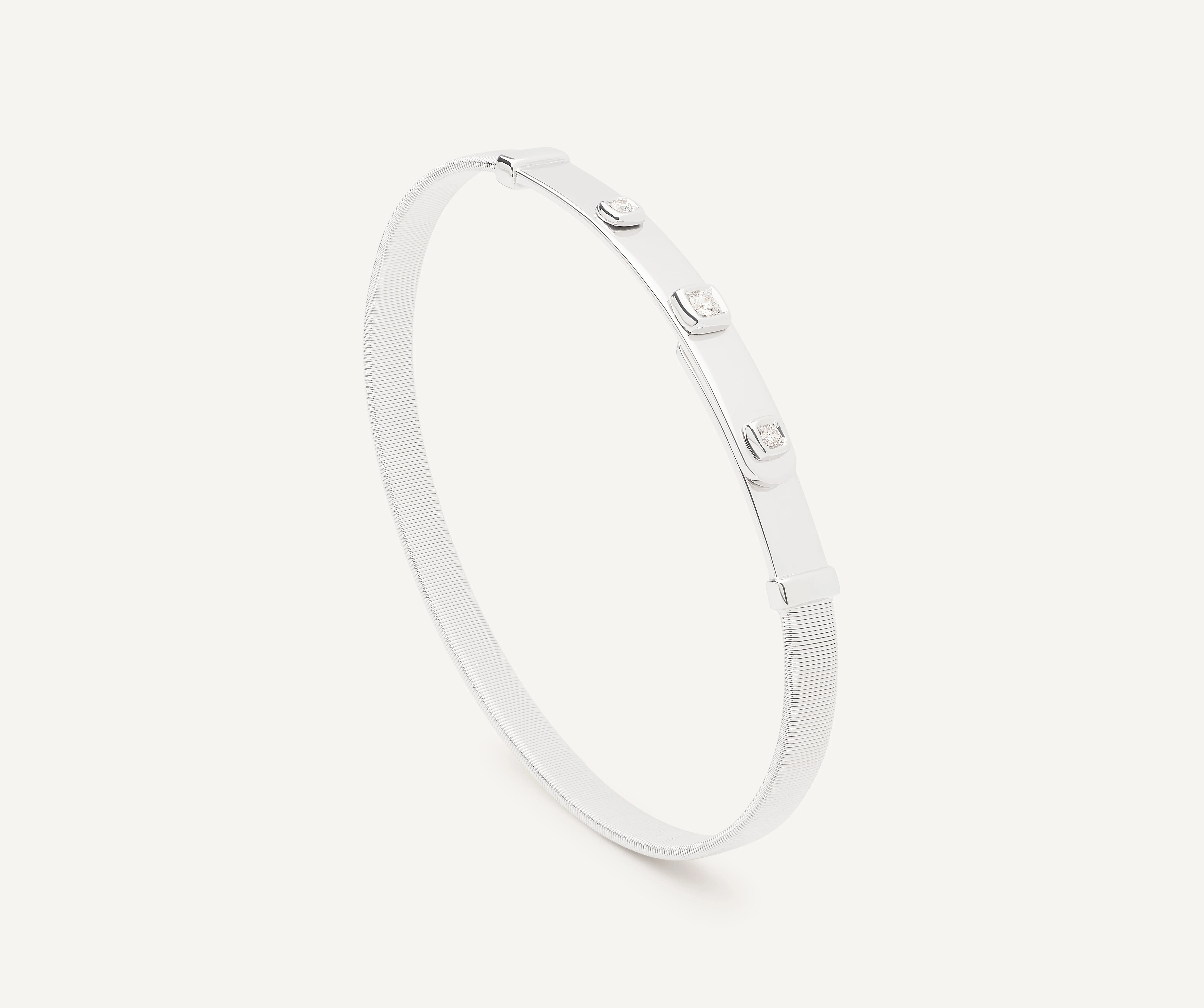 18K White Gold Coil Bangle with Three Diamond Stations, 5mm