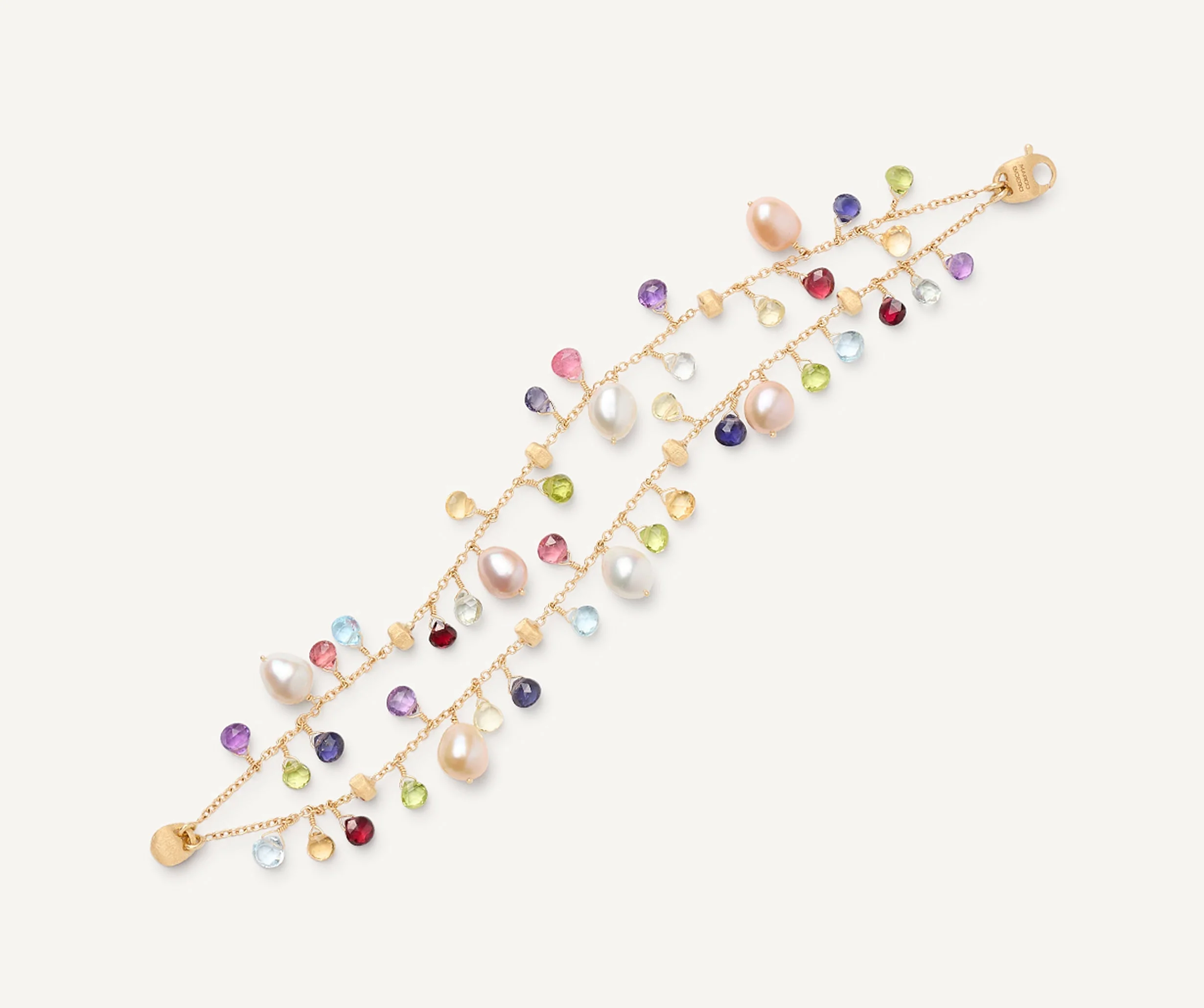 18K Yellow Gold Gemstone Two Strand Bracelet with Pearls, 7.25" - Image 4