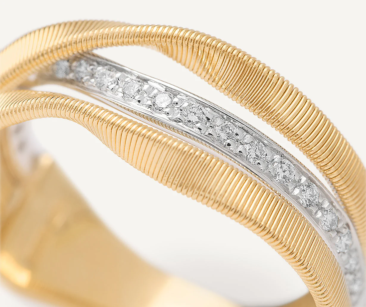 18K Yellow Gold Three Row Coil Ring with Diamonds - Image 3