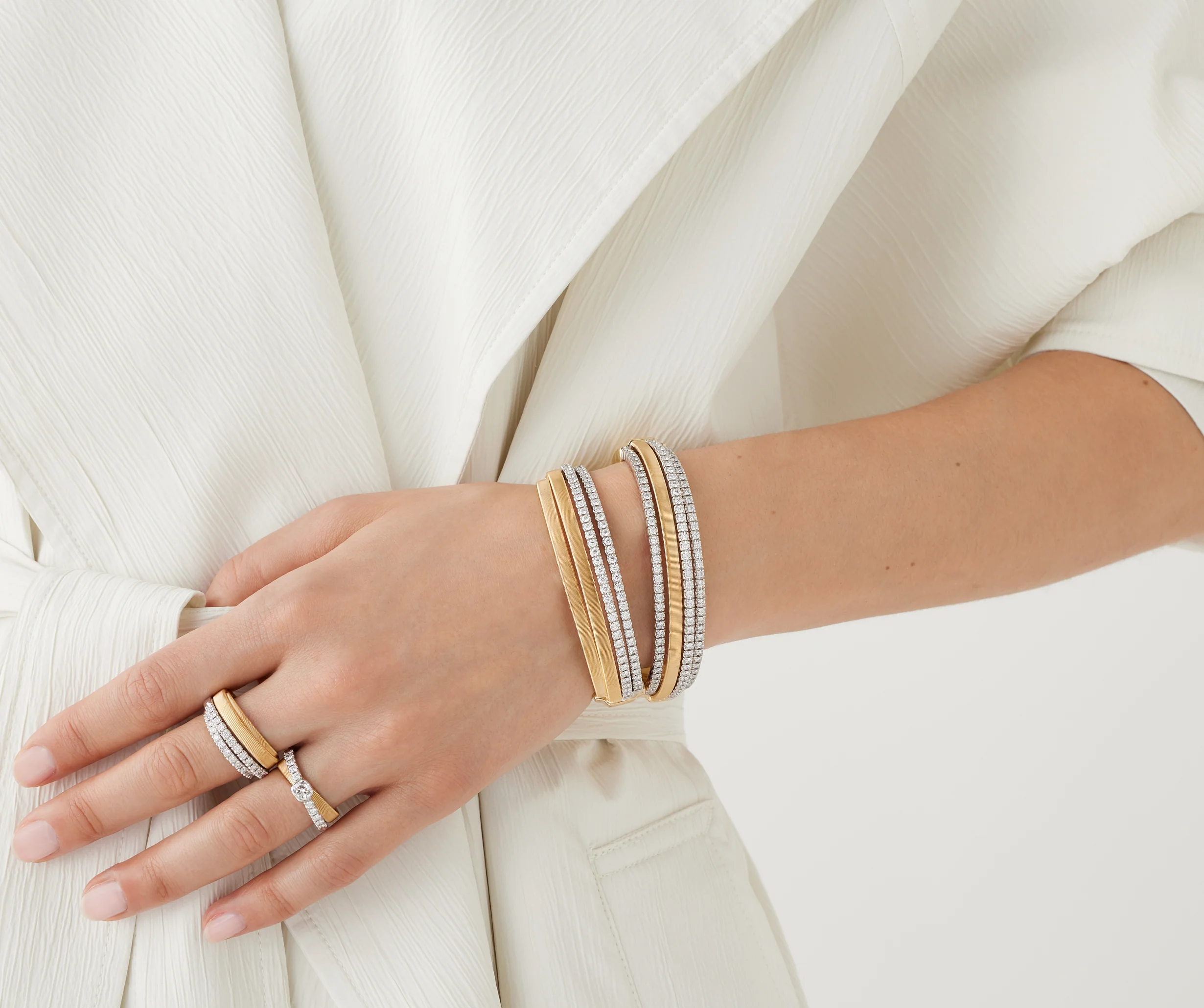 18K Yellow Gold Coil Cuff with Three Diamond Bands - Image 2