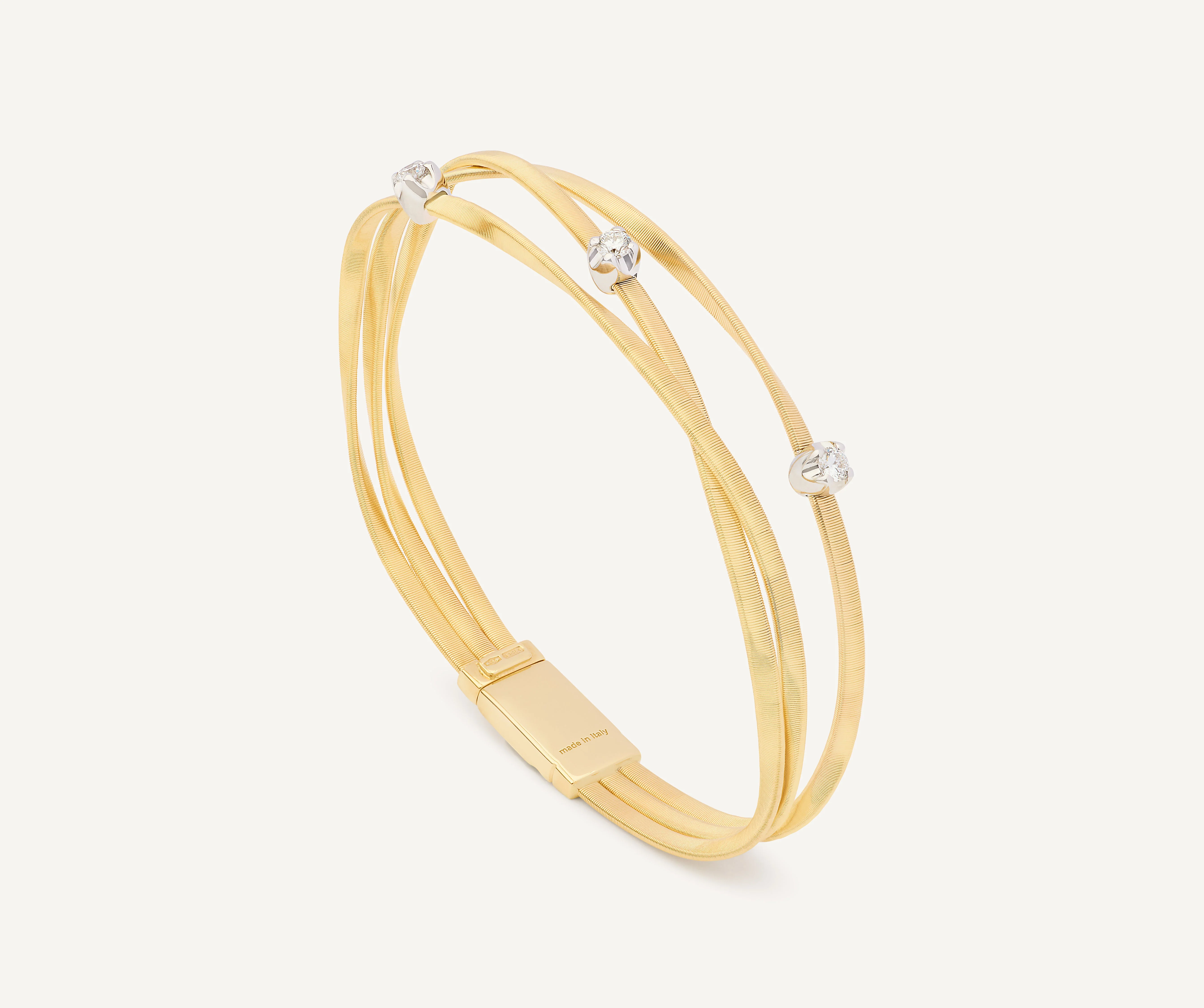 18K Yellow Gold Three Srand Coil Bracelet with Diamond Stations, 7"