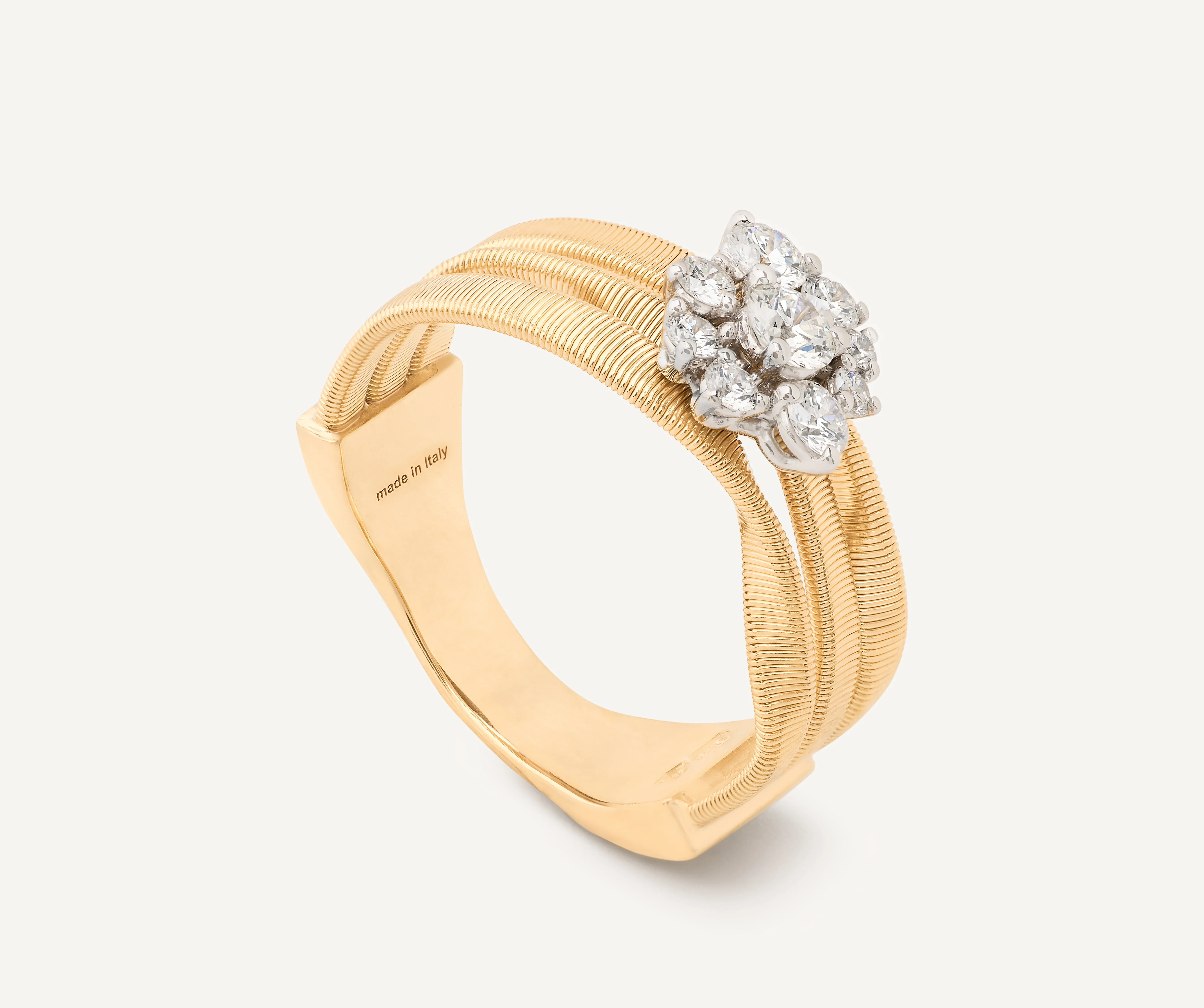 18K Yellow Gold Three Row Coil Ring with Diamond Flower
