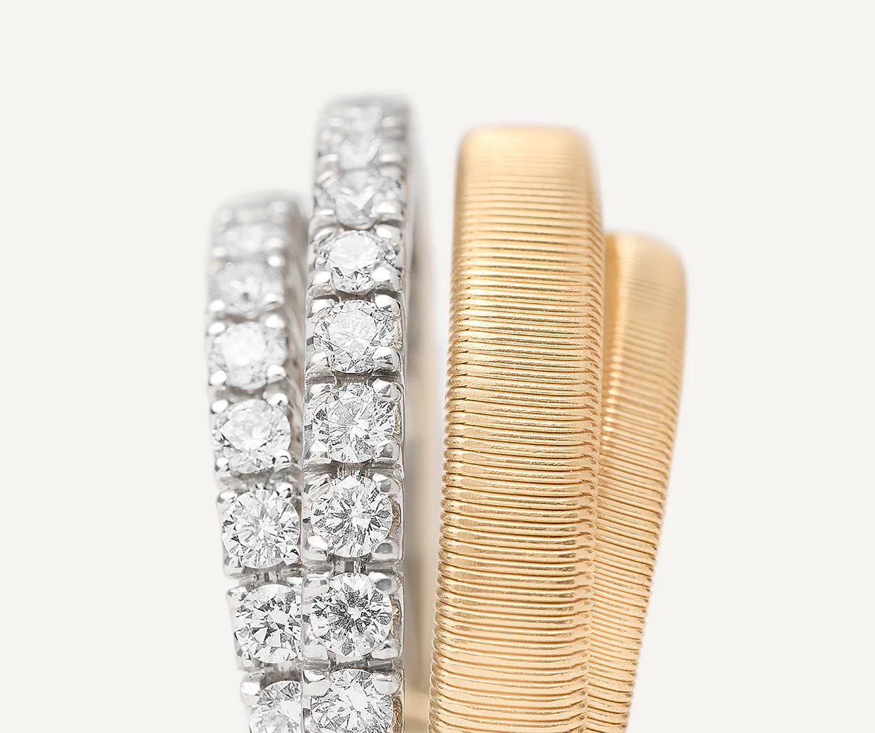 18K Yellow Gold Four Row Coil Ring with Two Diamond Bands - Image 3