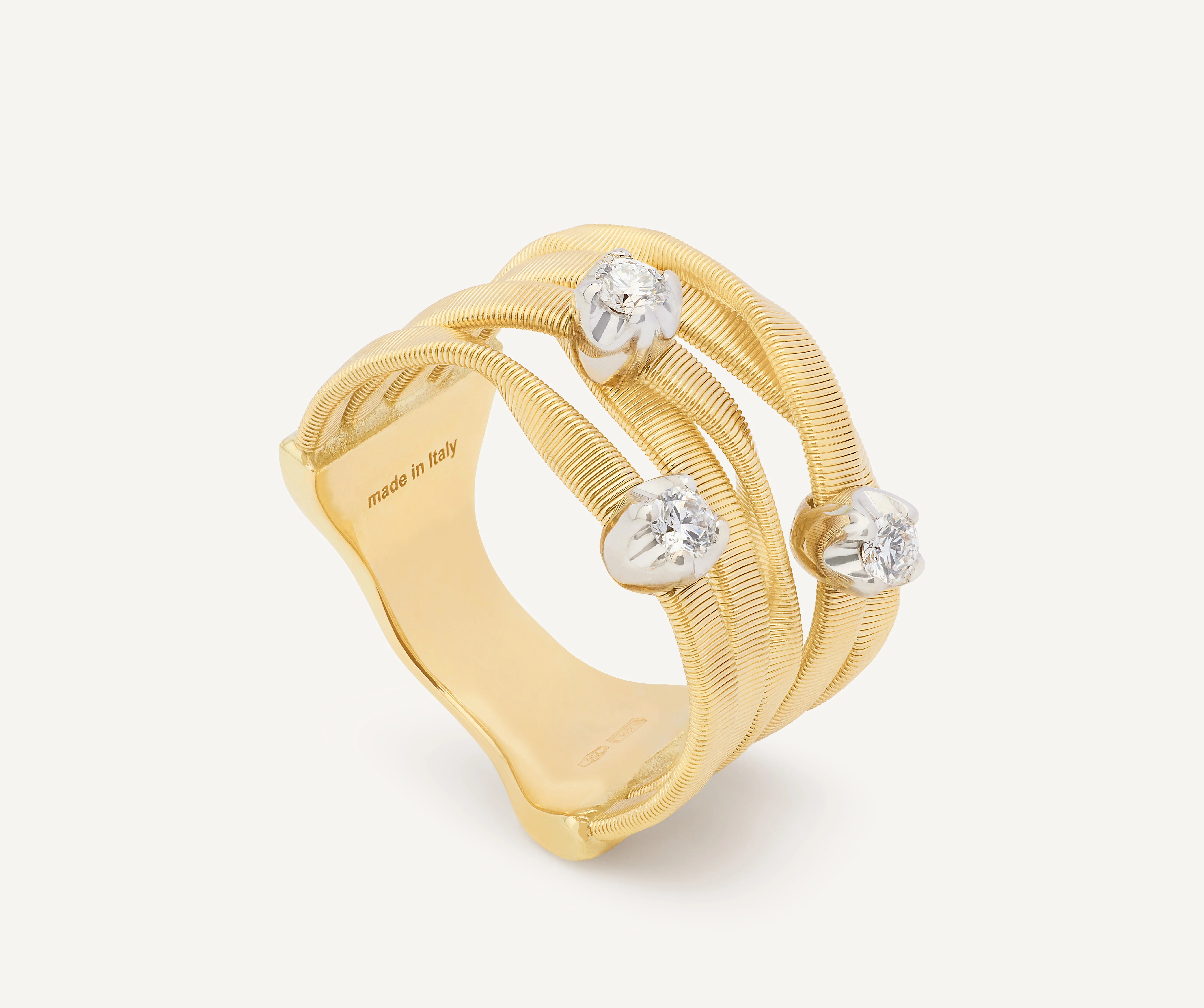 18K Yellow Gold Five Row Coil Ring with Three Diamond Stations