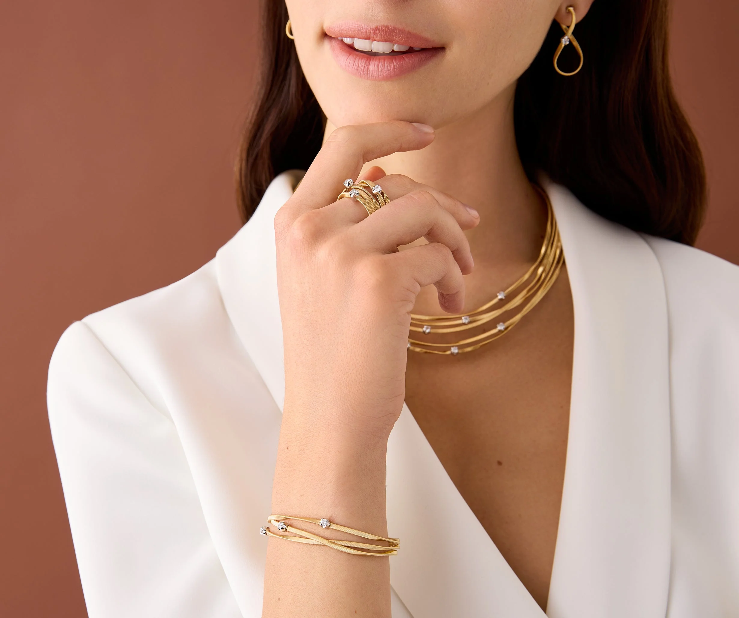 18K Yellow Gold Five Row Coil Ring with Three Diamond Stations - Image 2