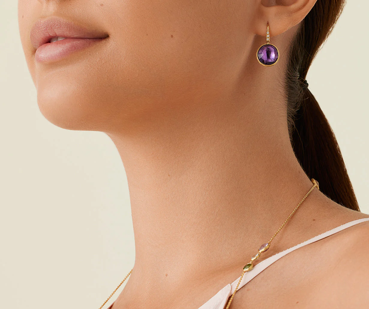 18K Yellow Gold Amethyst Earrings with Diamonds, 0.85" - Image 2