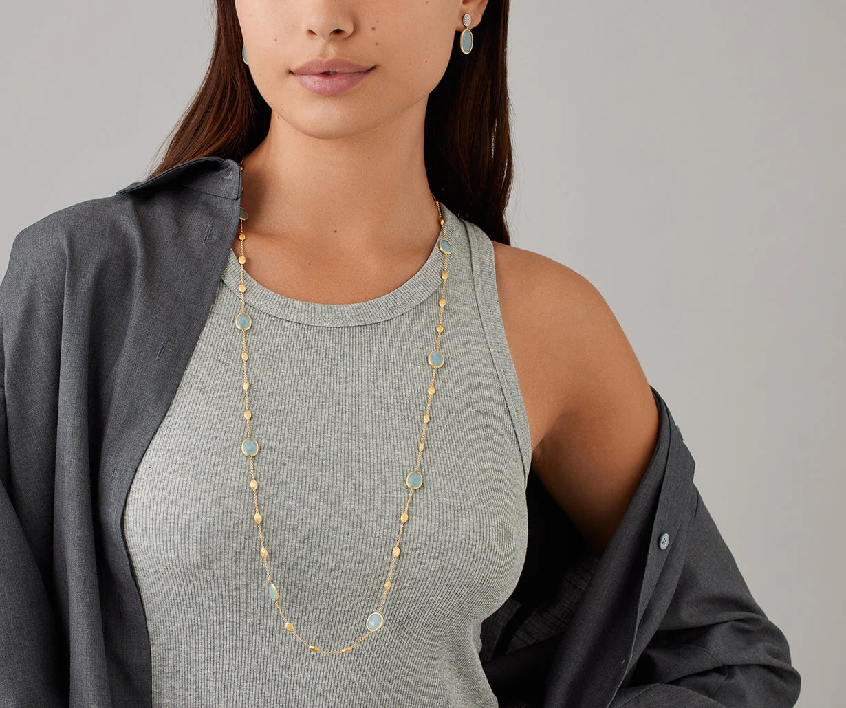 18K Yellow Gold Aquamarine Bean Necklace, 36" - Image 2