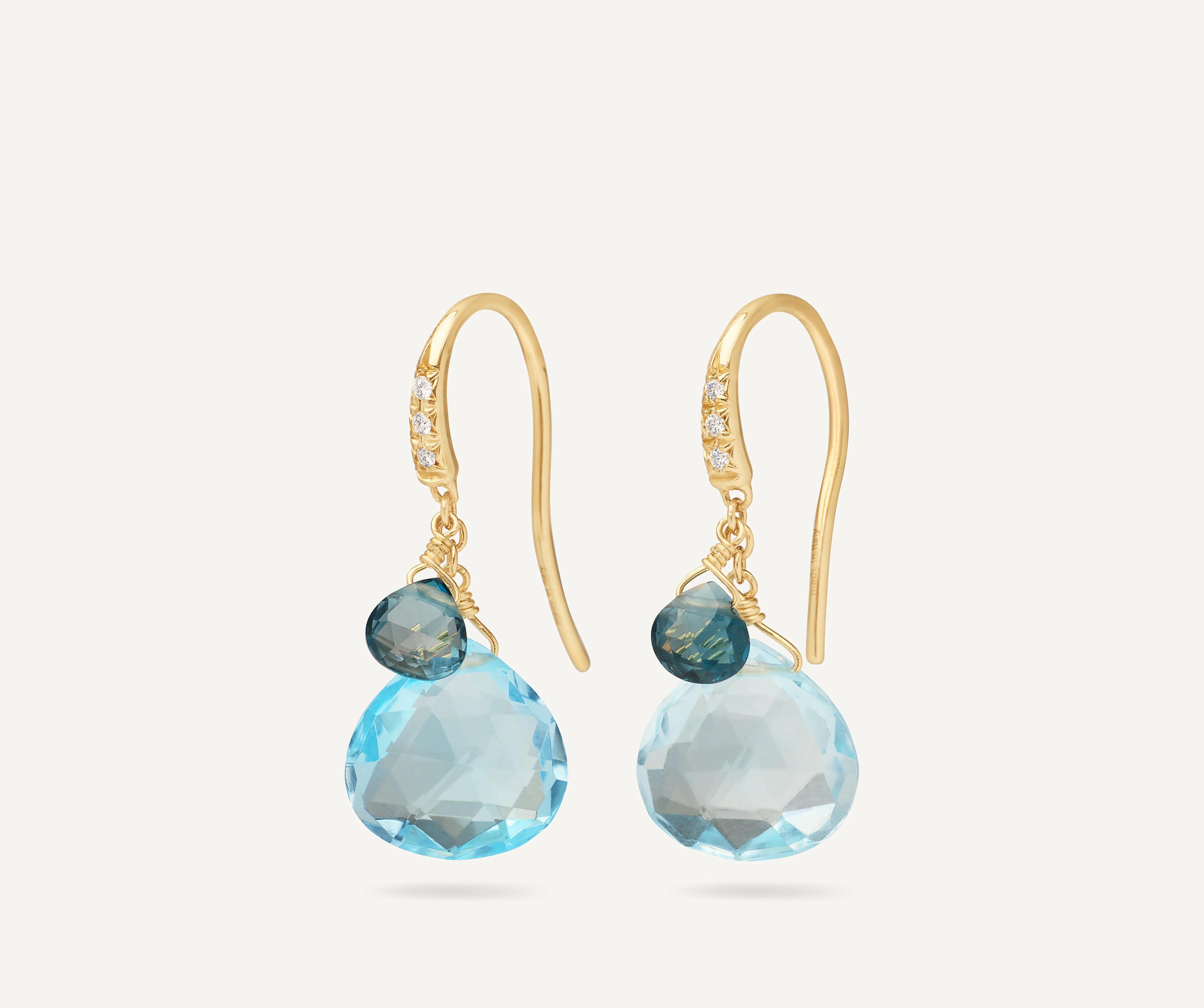 18K Yellow Gold Blue Topaz Earrings with Diamonds, 1.1"