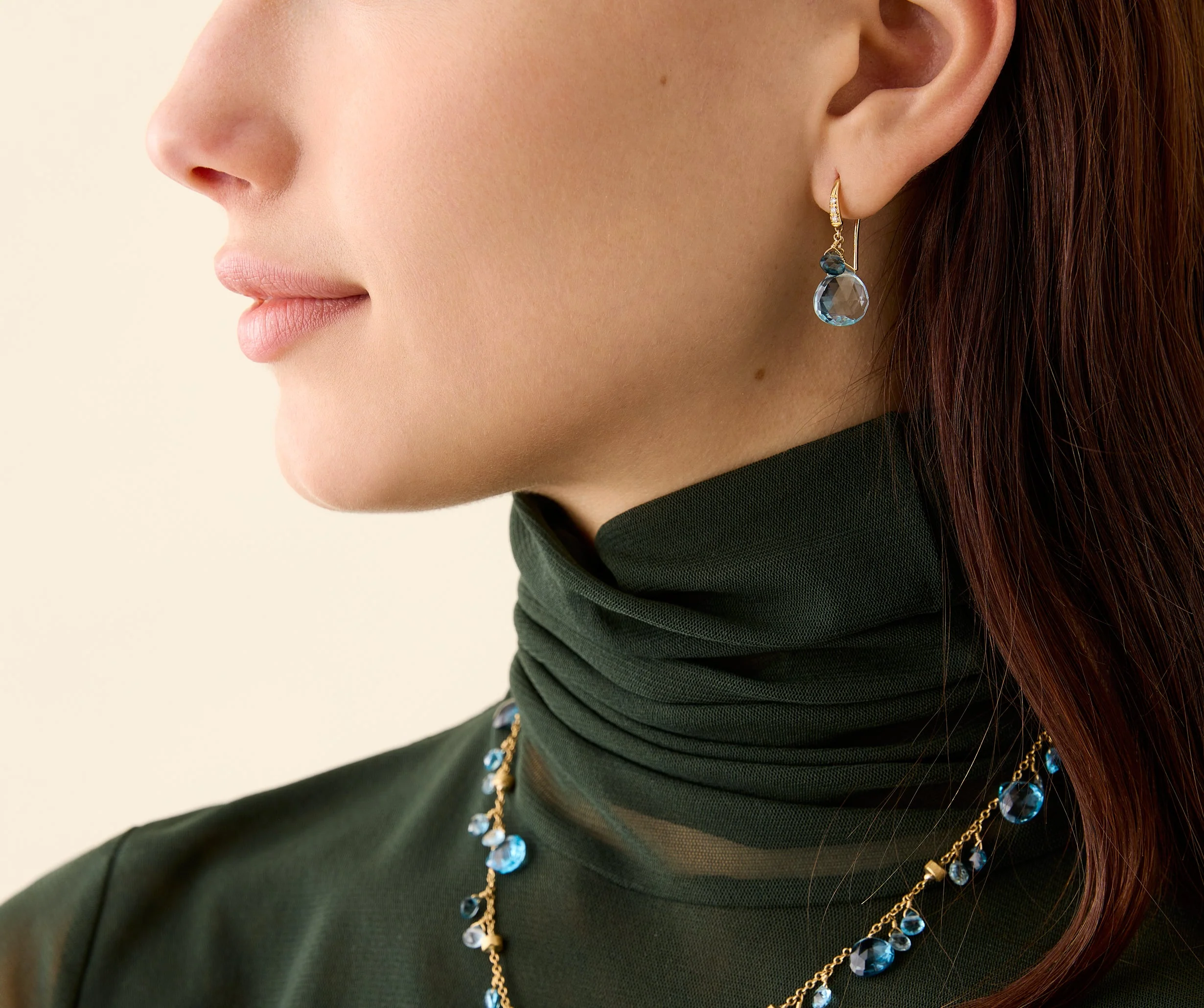 18K Yellow Gold Blue Topaz Earrings with Diamonds, 1.1" - Image 2