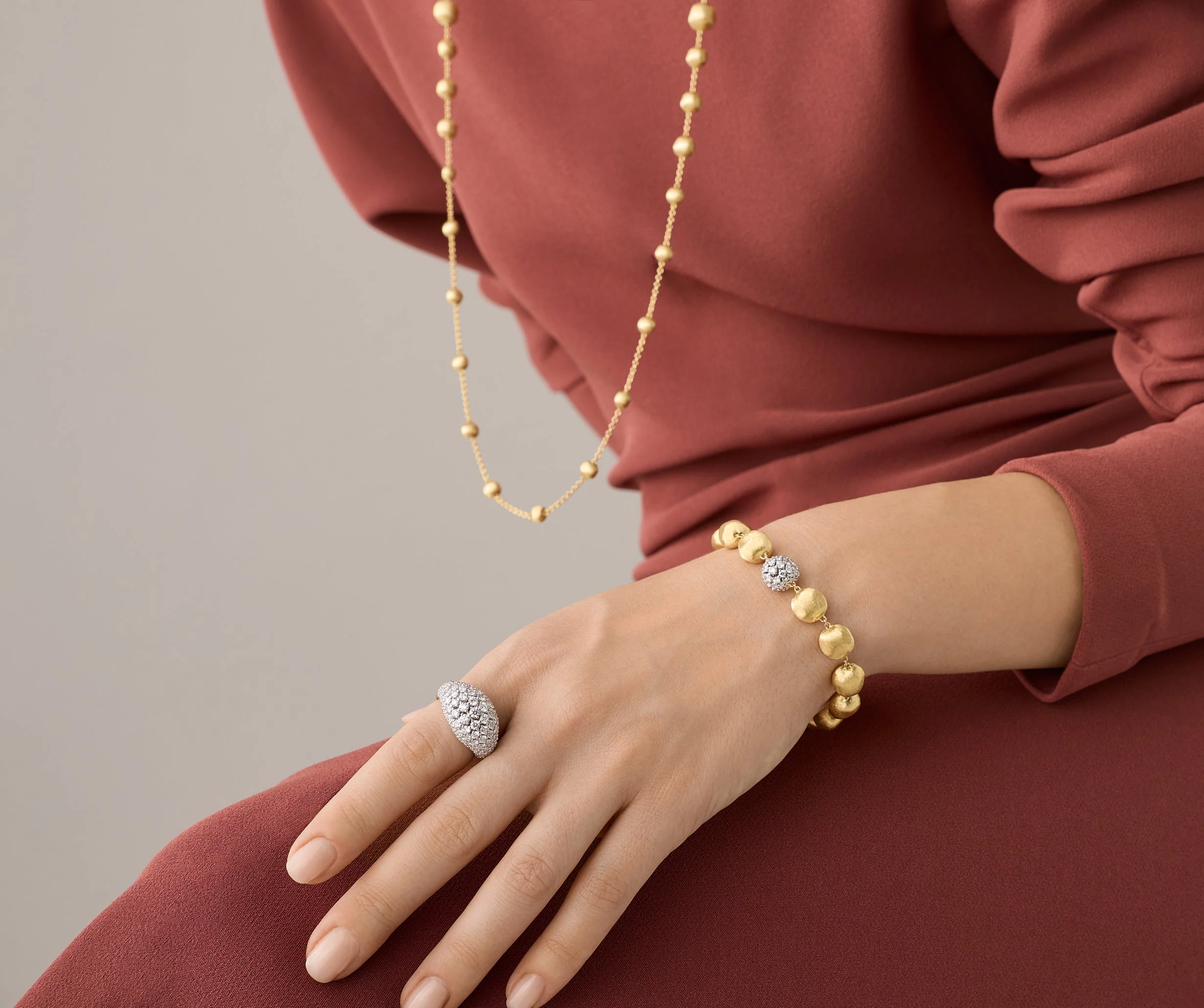 18K Yellow Gold Bead Bracelet with Diamonds, 7.75" - Image 2