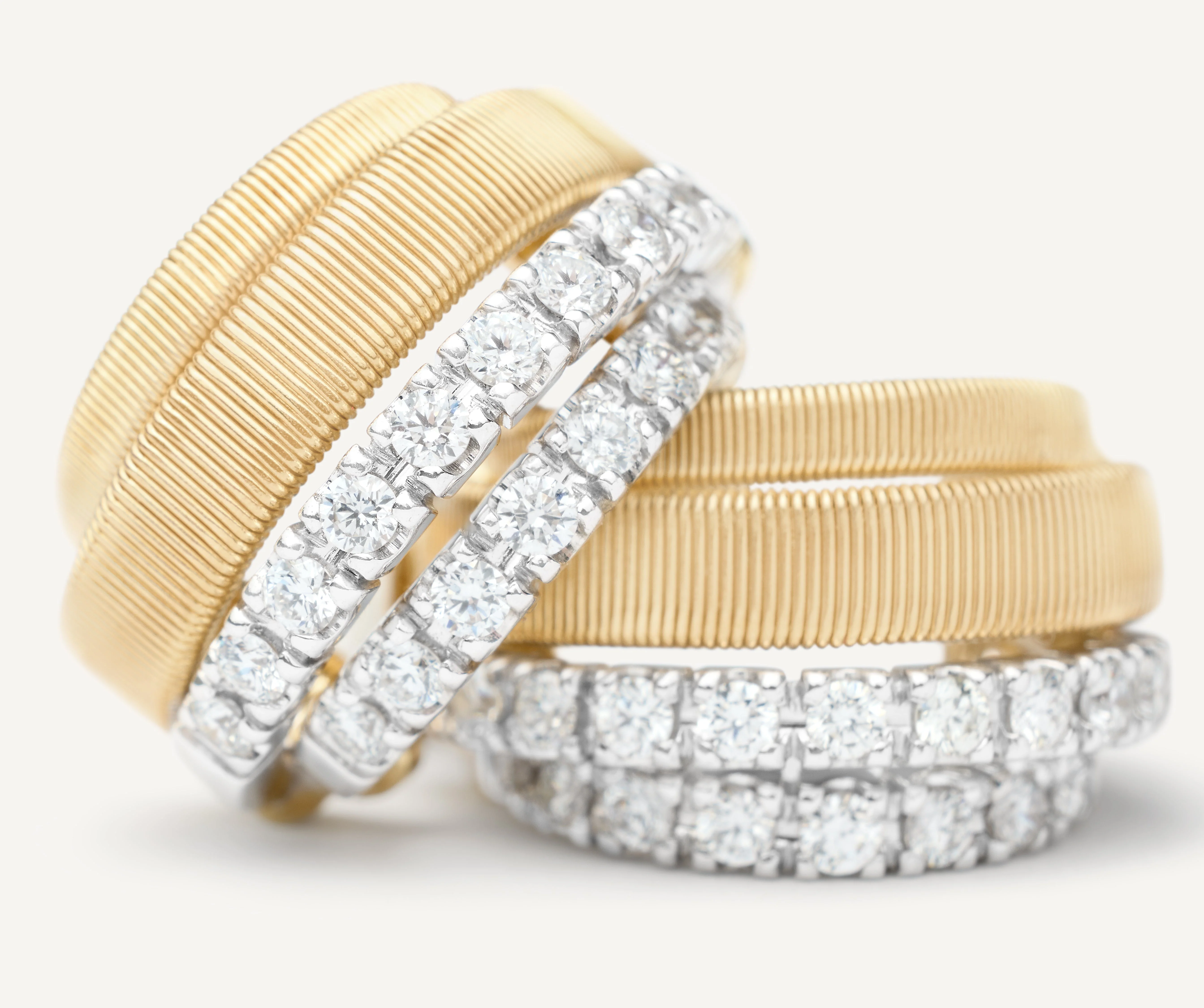 18K Yellow Gold Coil Huggie Earrings with Two Diamond Bands, 0.7" - Image 3
