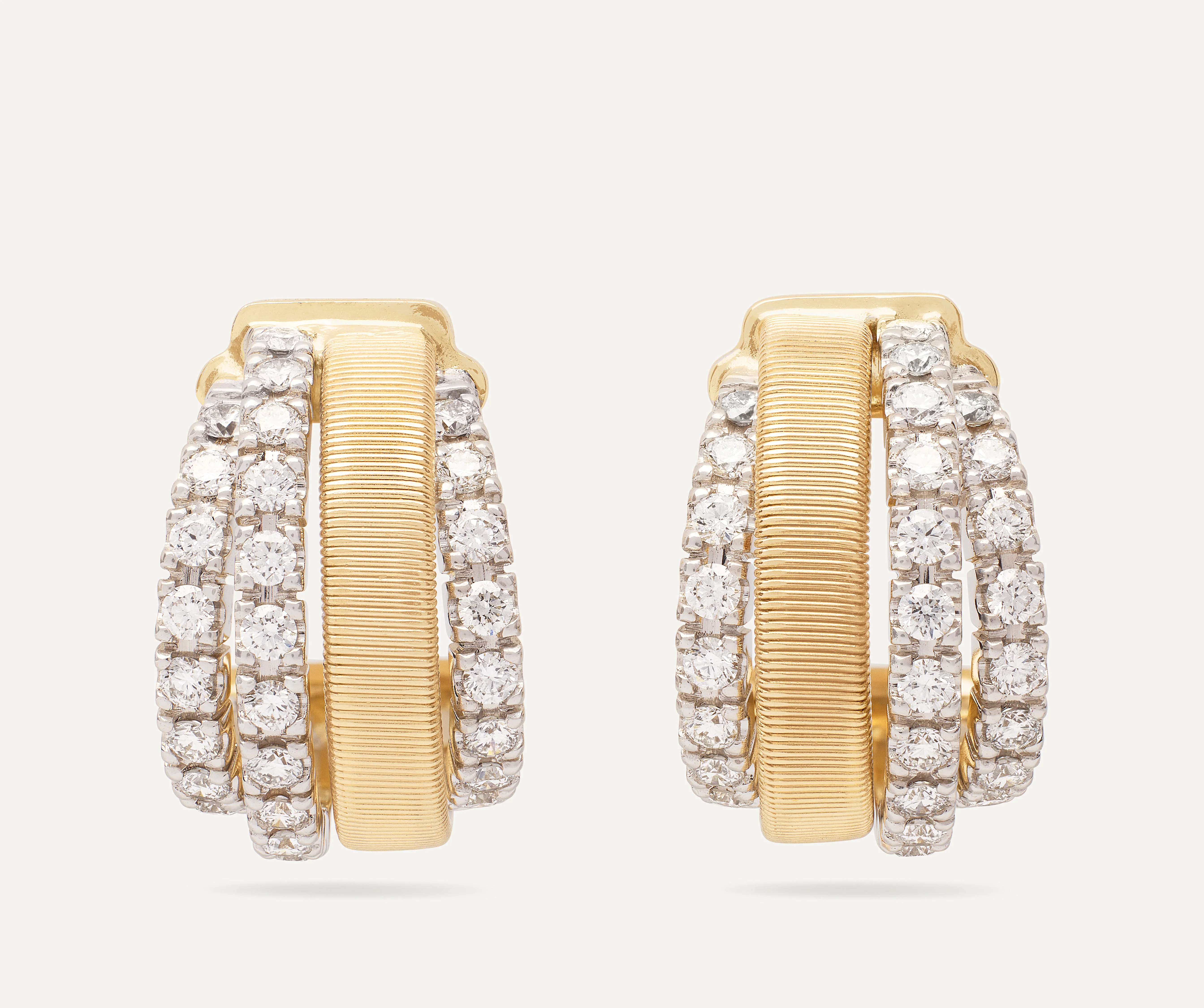 18K Yellow Gold Coil Huggie Earrings with Three Diamond Bands, 0.7"