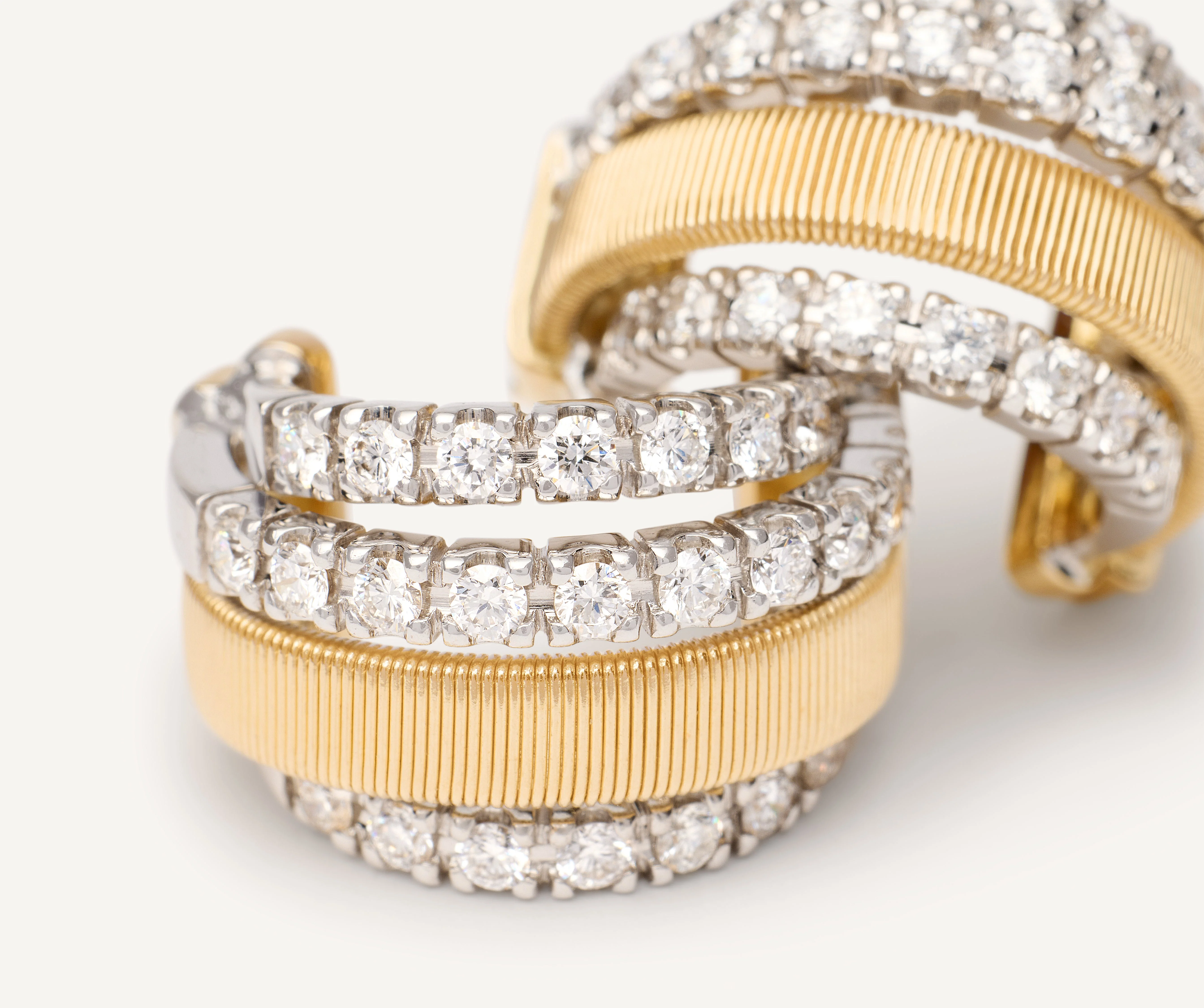 18K Yellow Gold Coil Huggie Earrings with Three Diamond Bands, 0.7" - Image 3