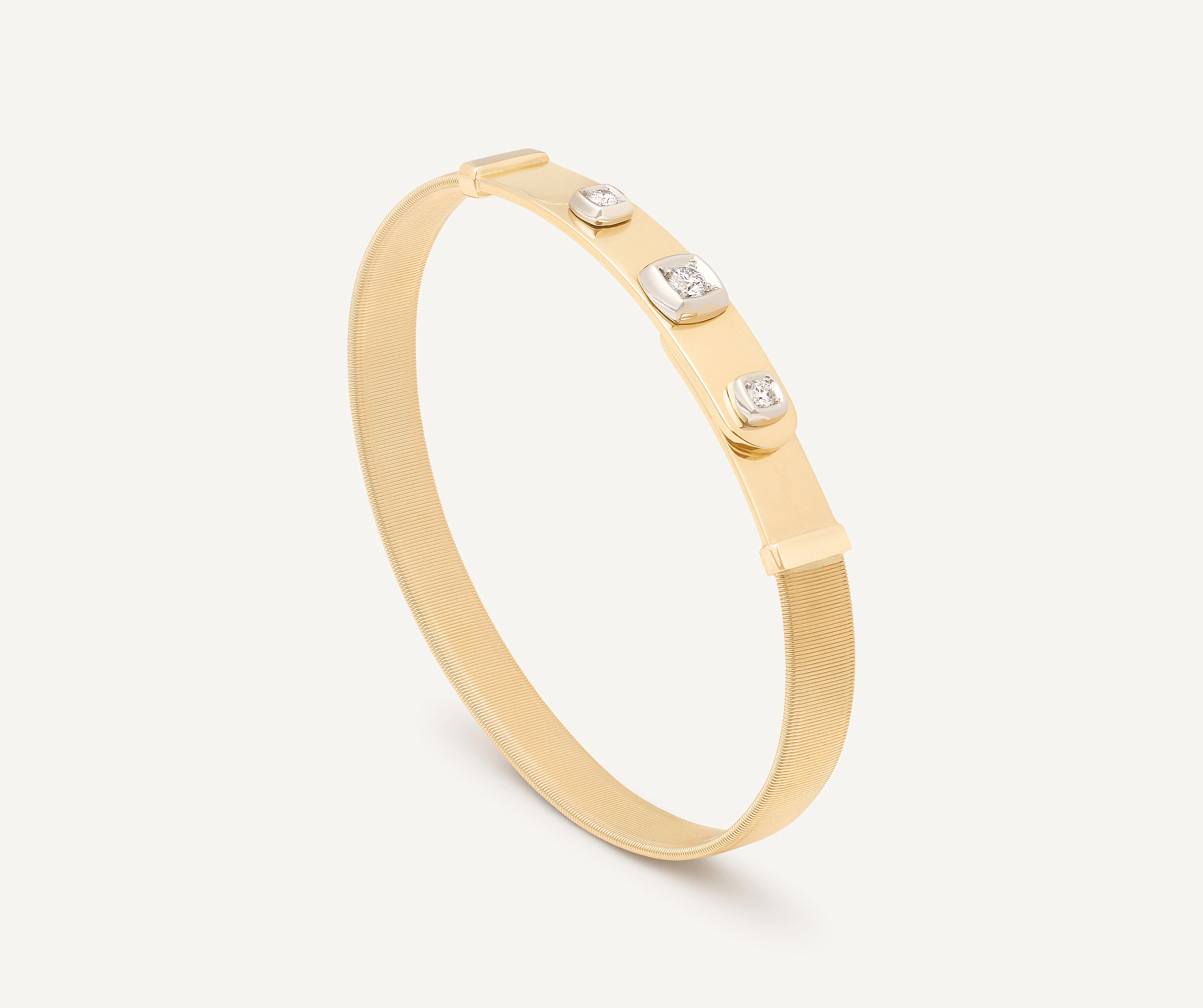 18K Yellow Gold Coil Bangle with Three Diamond Stations, 7mm