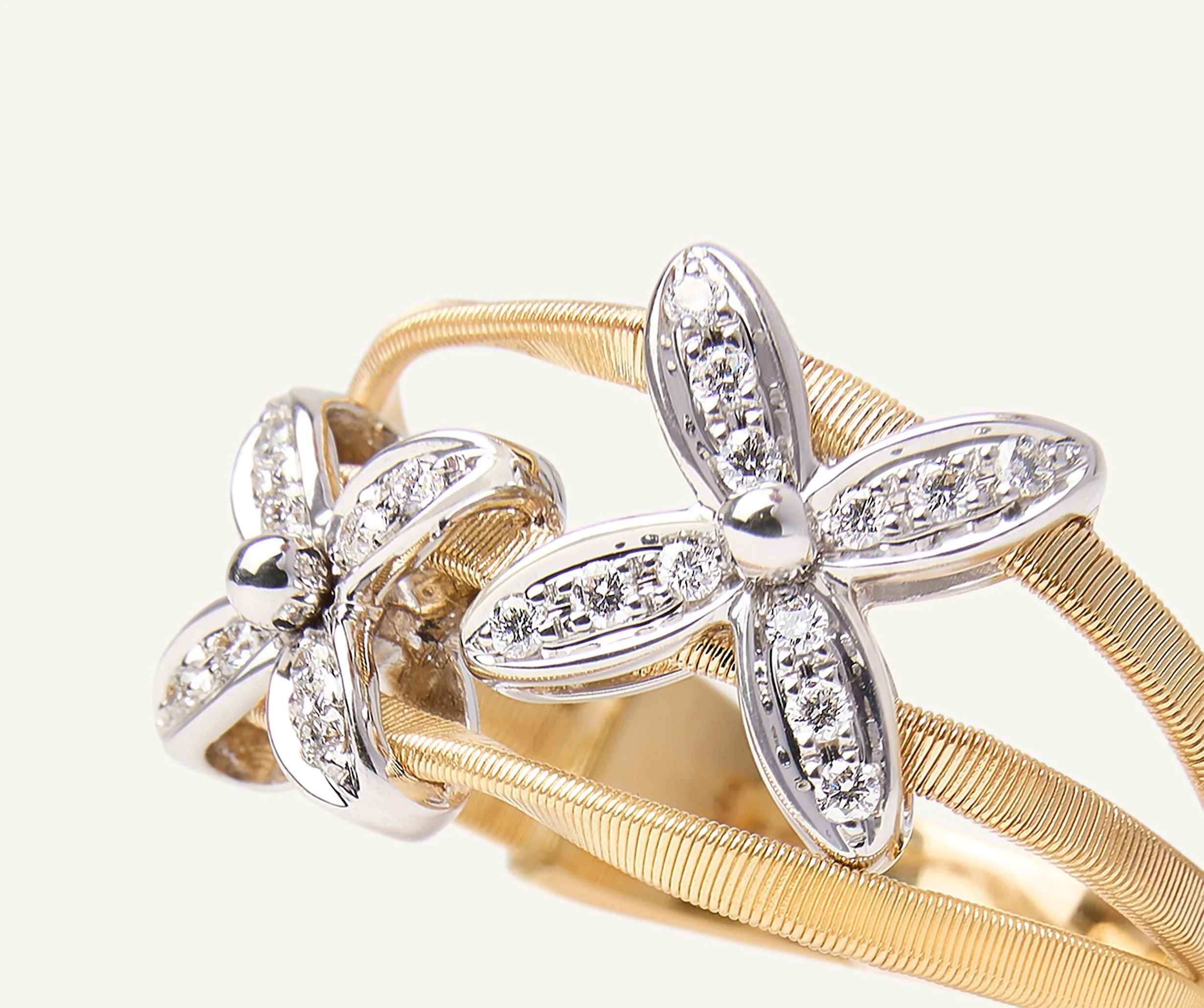 18K Yellow Gold Three Row Coil Ring with Diamond Flowers - Image 3