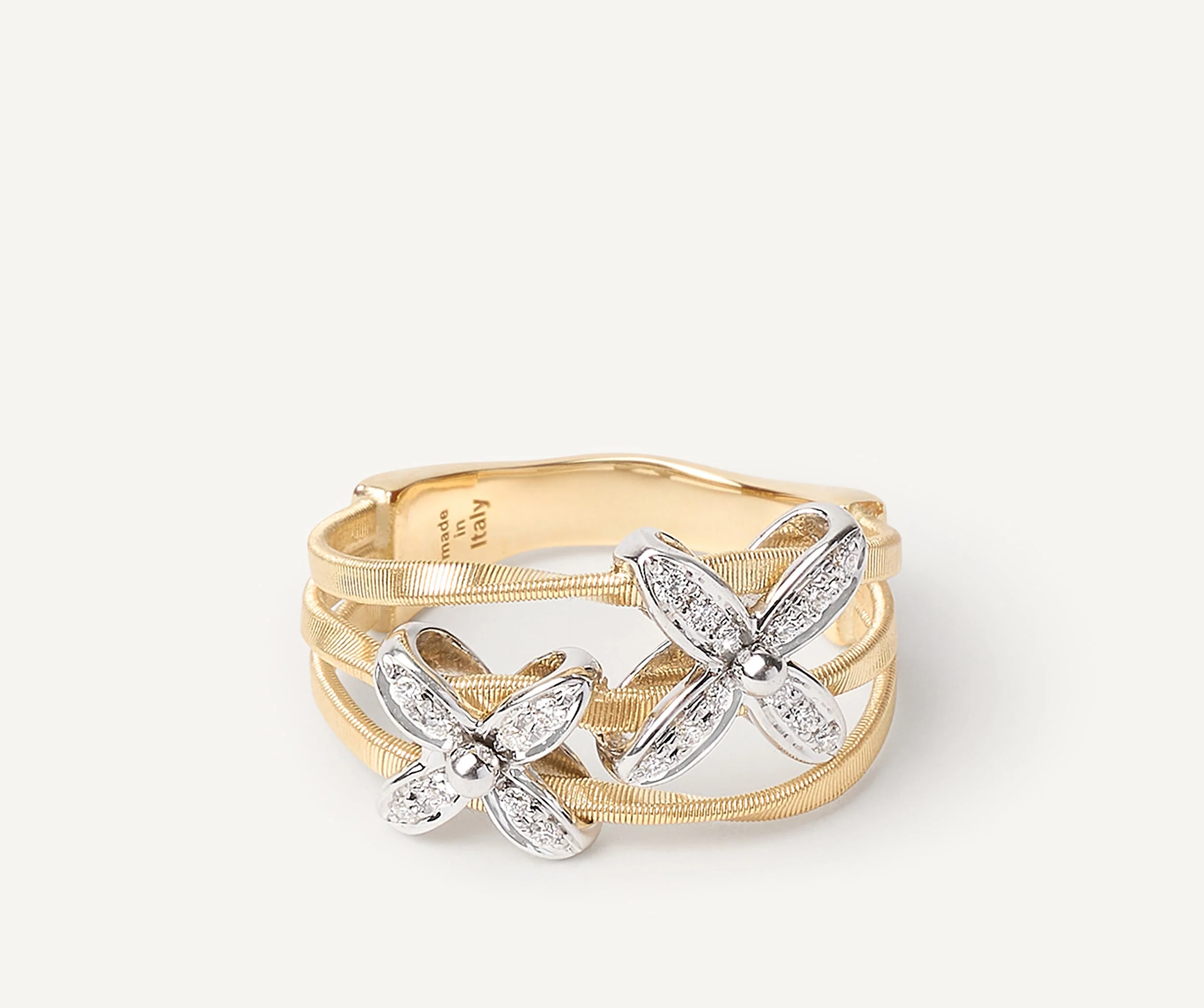 18K Yellow Gold Three Row Coil Ring with Diamond Flowers - Image 4