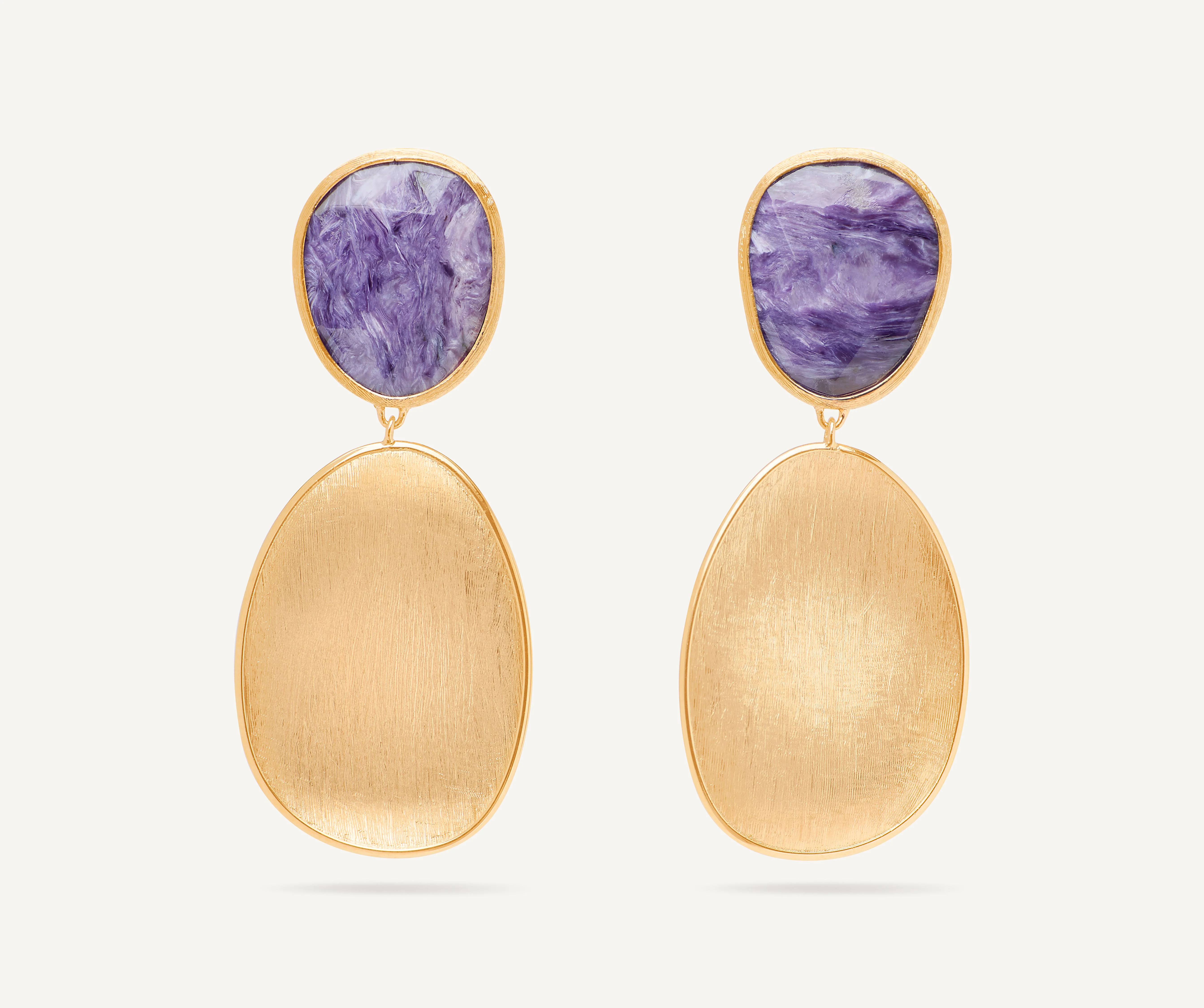 18K Yellow Gold Charoite Earrings, 1.8"