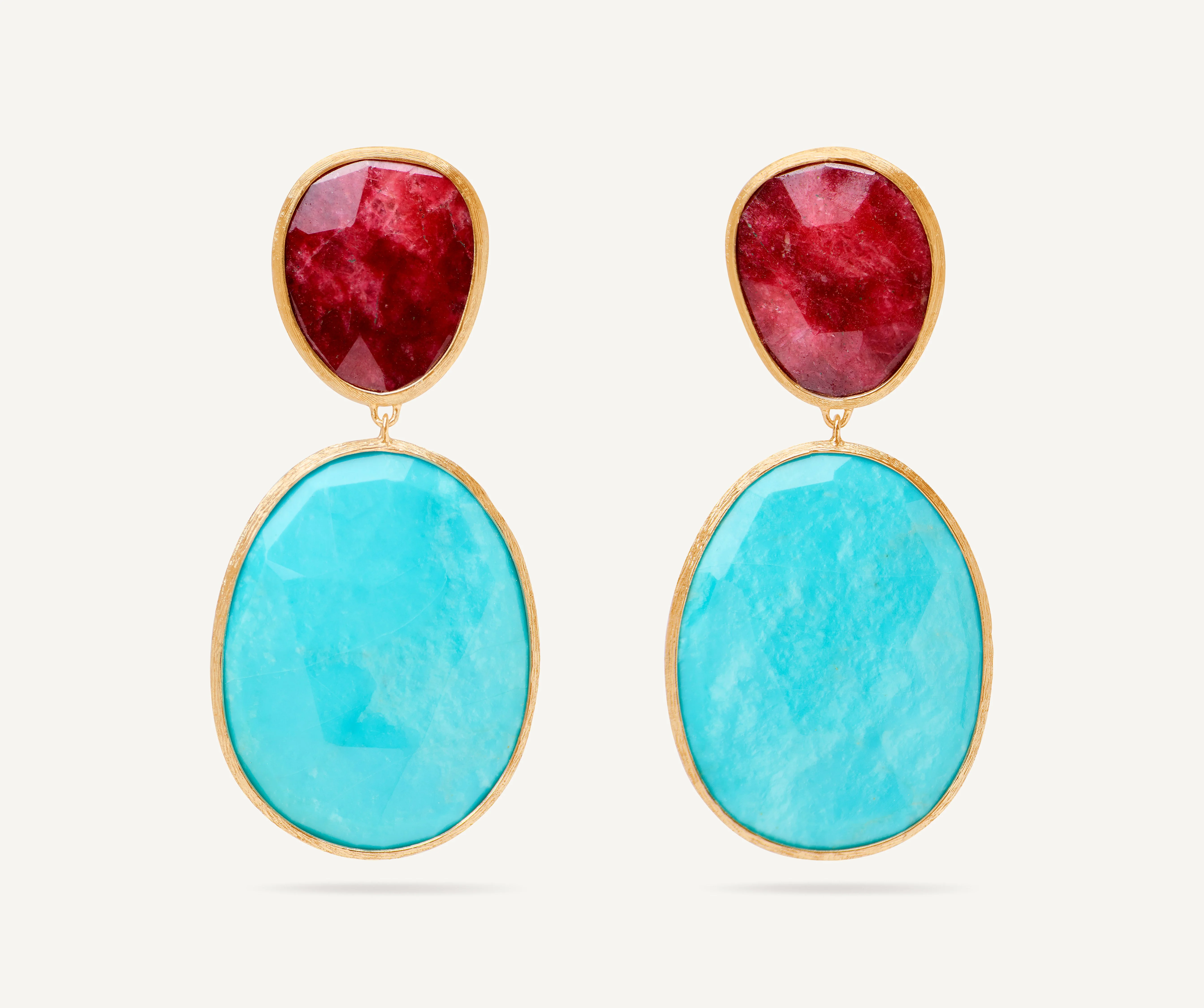 18K Yellow Turquoise and Thulite Earrings, 1.8"