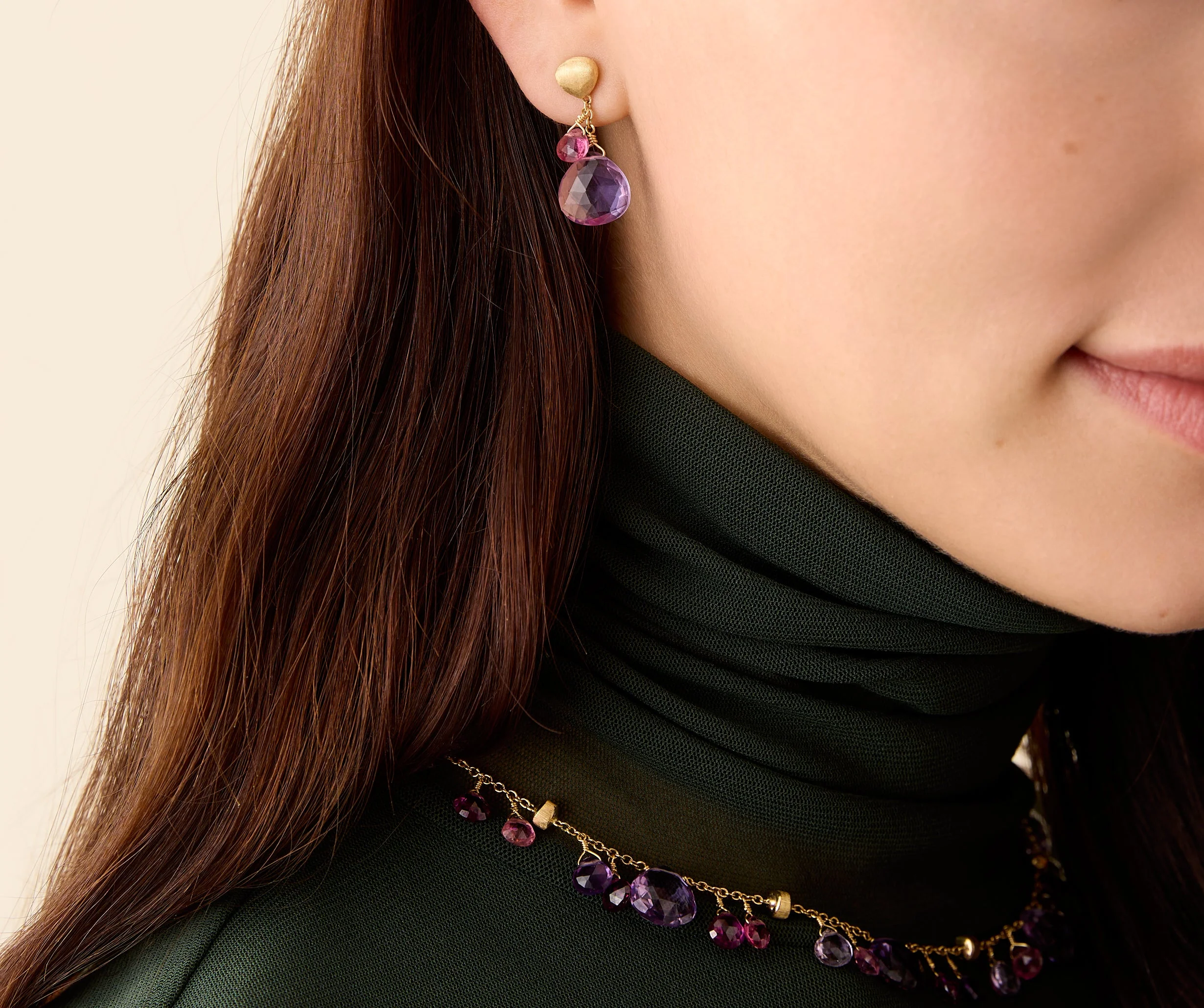 18K Yellow Gold Amethyst and Pink Tourmaline Earrings, 1" - Image 2