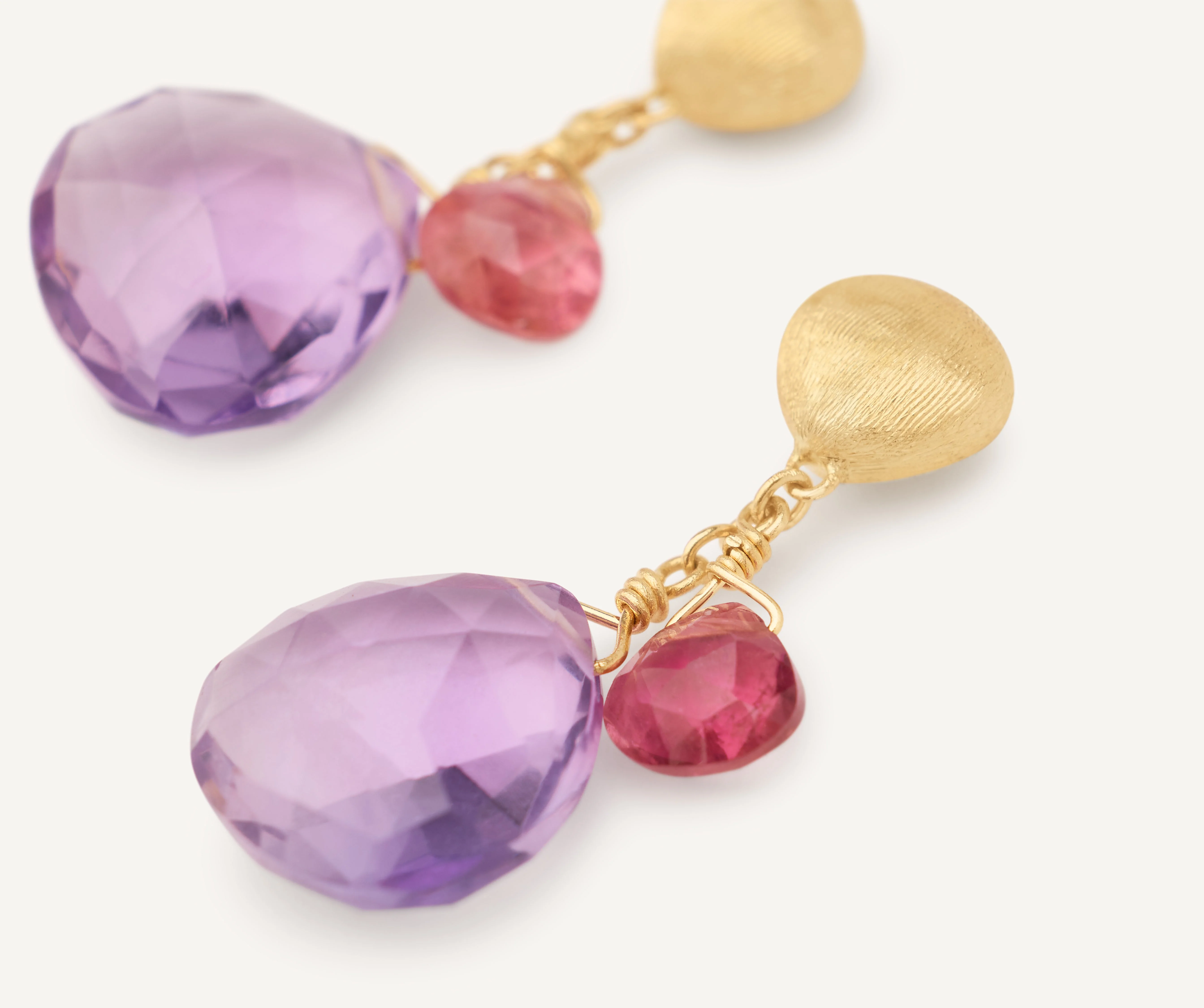 18K Yellow Gold Amethyst and Pink Tourmaline Earrings, 1" - Image 3