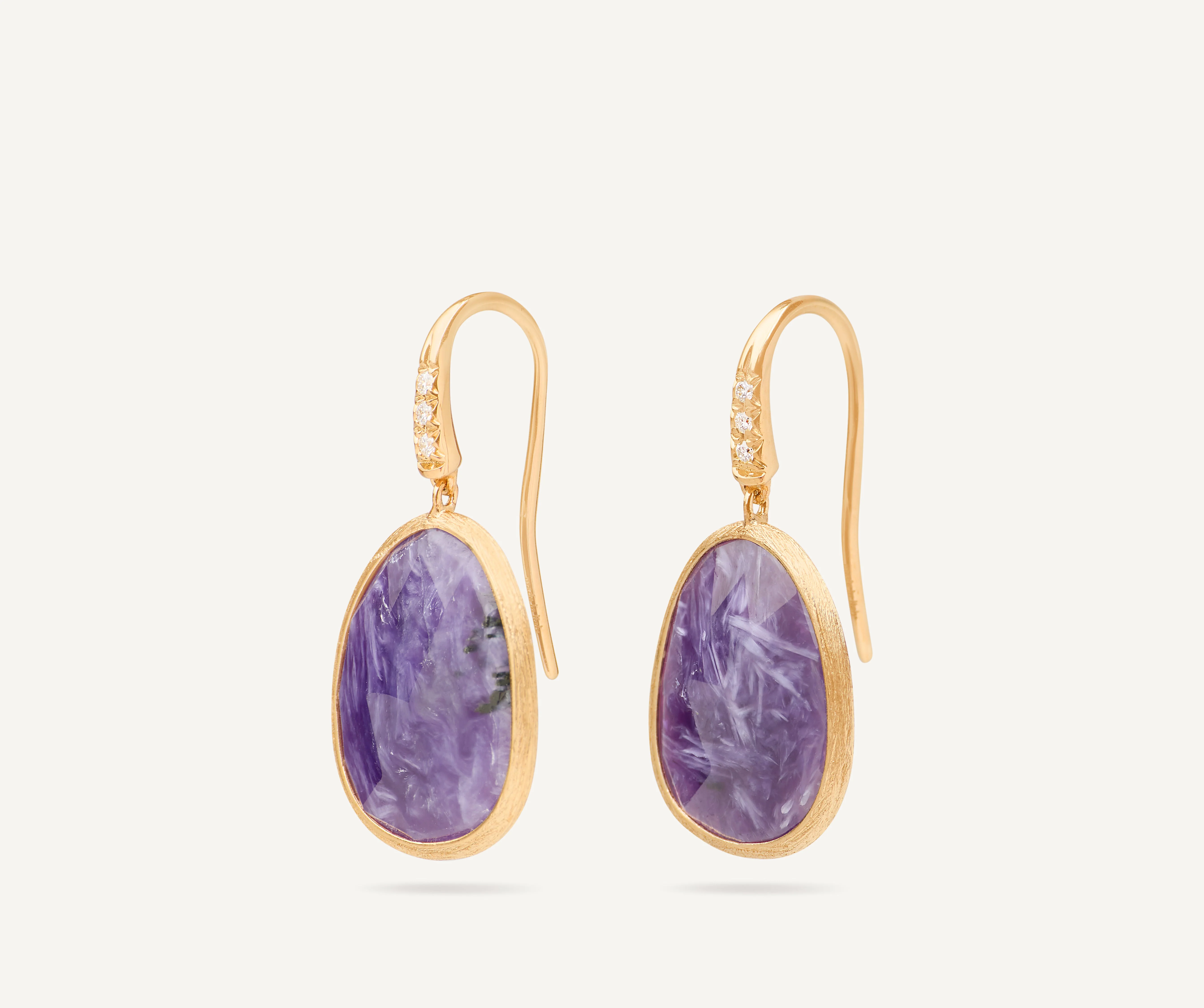18K Yellow Gold Charoite Earrings with Diamonds, 1"