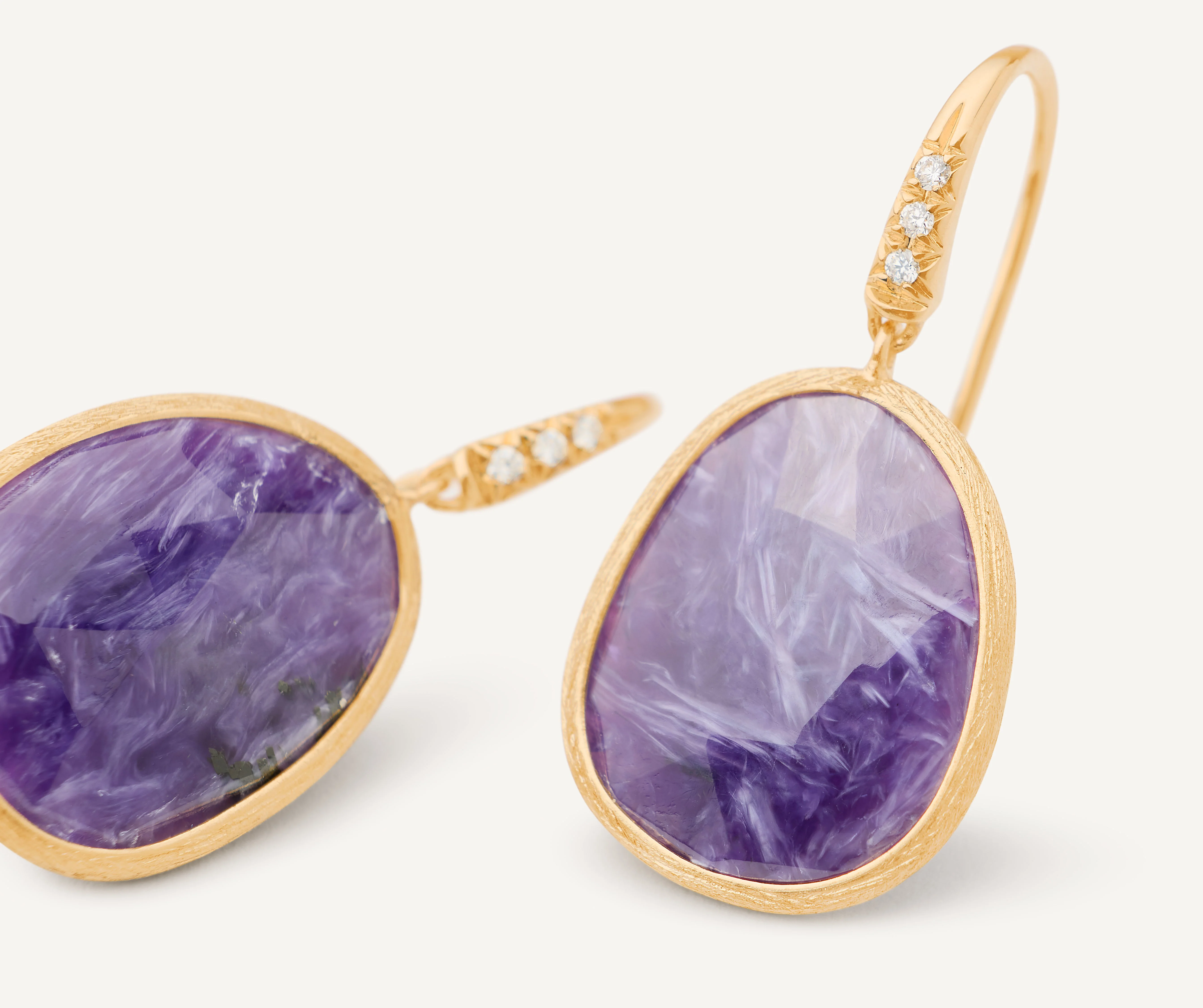 18K Yellow Gold Charoite Earrings with Diamonds, 1" - Image 3