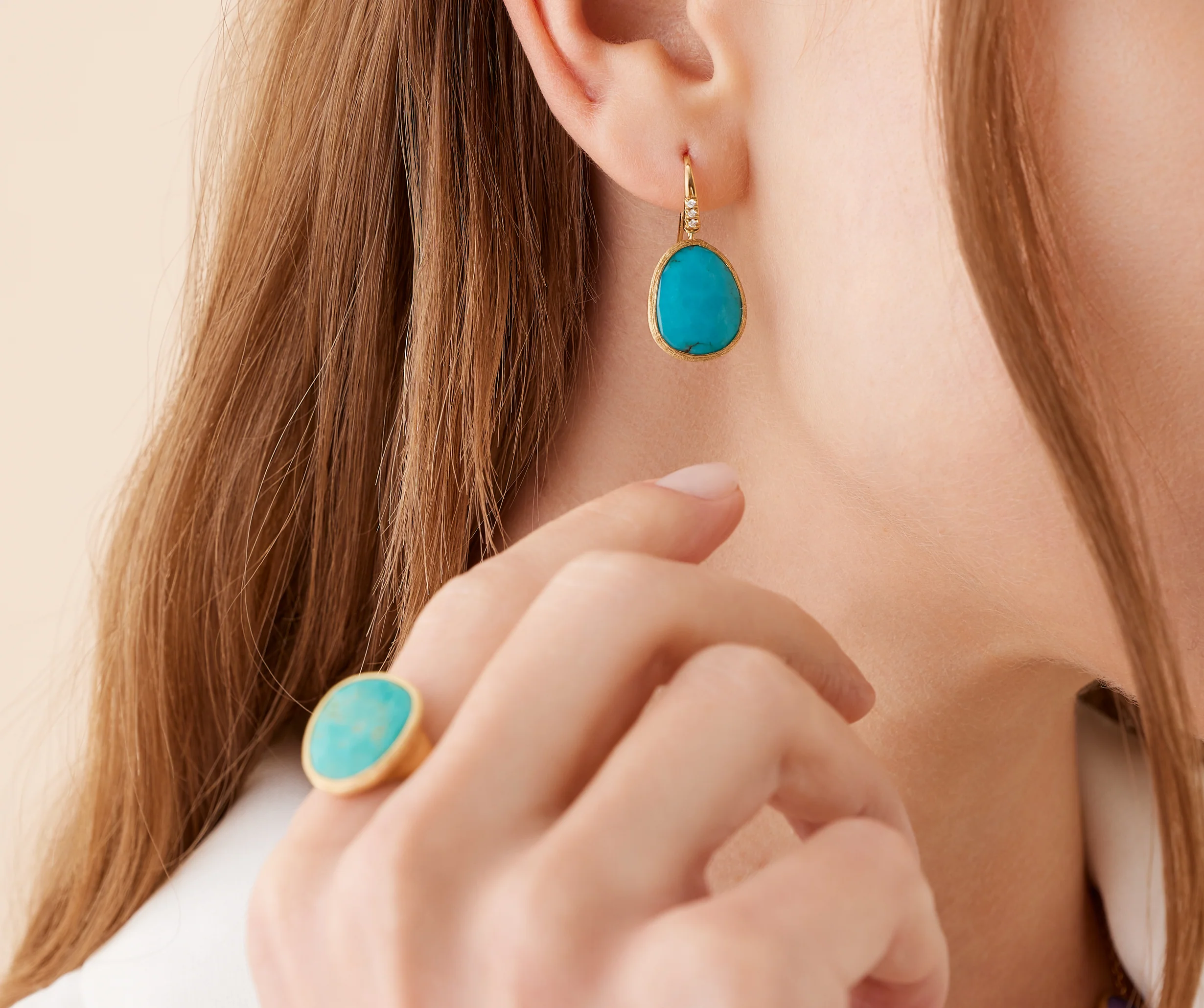 18K Yellow Gold Turquoise Earrings with Diamonds, 1" - Image 2