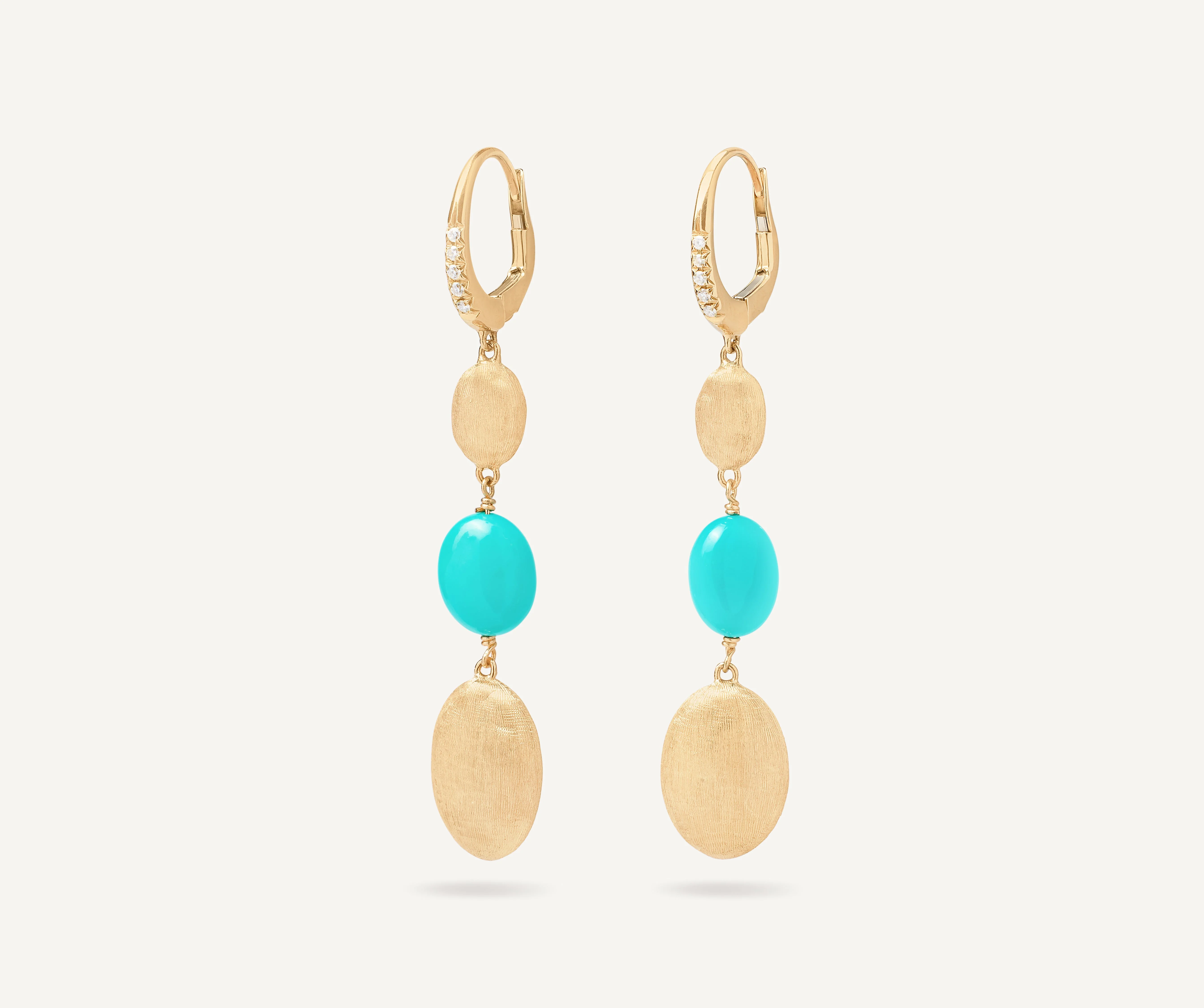 18K Yellow Gold Turquoise Earrings with Diamonds, 2"