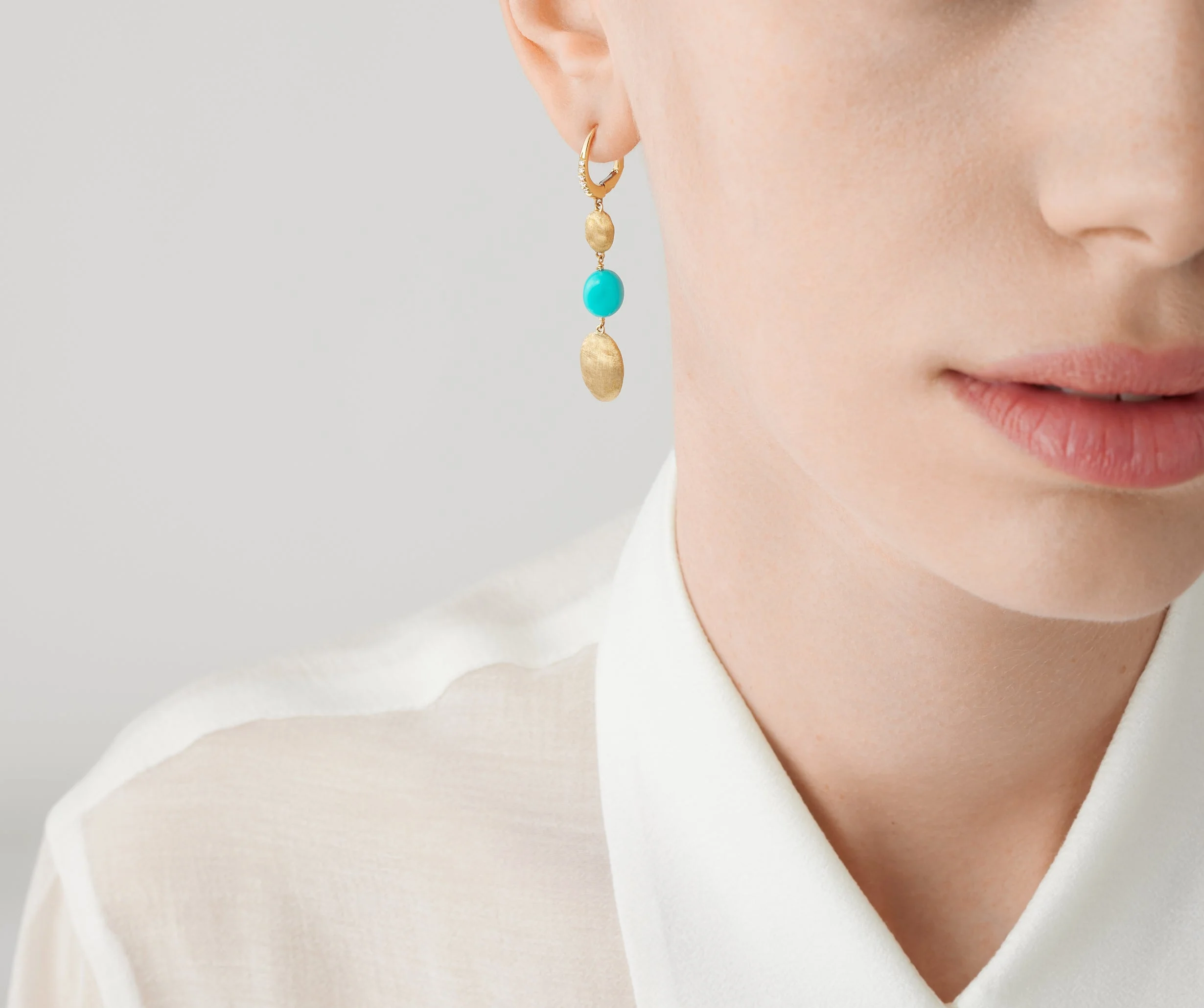 18K Yellow Gold Turquoise Earrings with Diamonds, 2" - Image 2