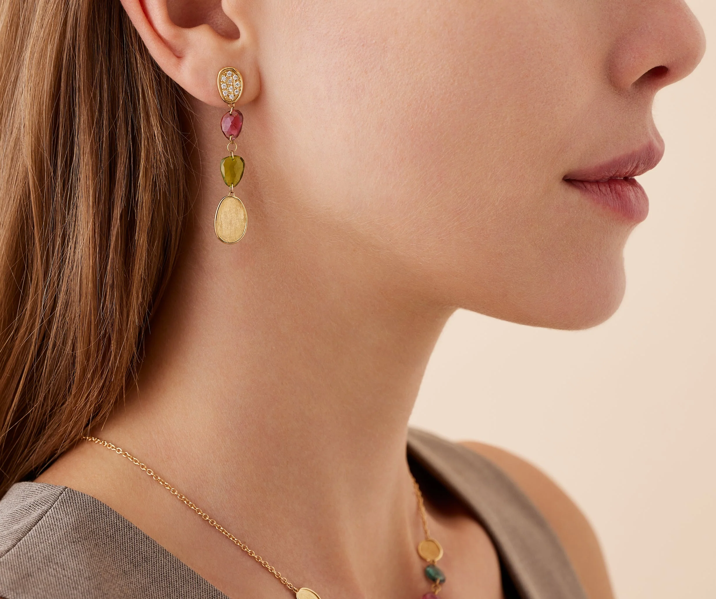 18K Yellow Gold Tourmaline Earrings with Diamonds, 1.9" - Image 2