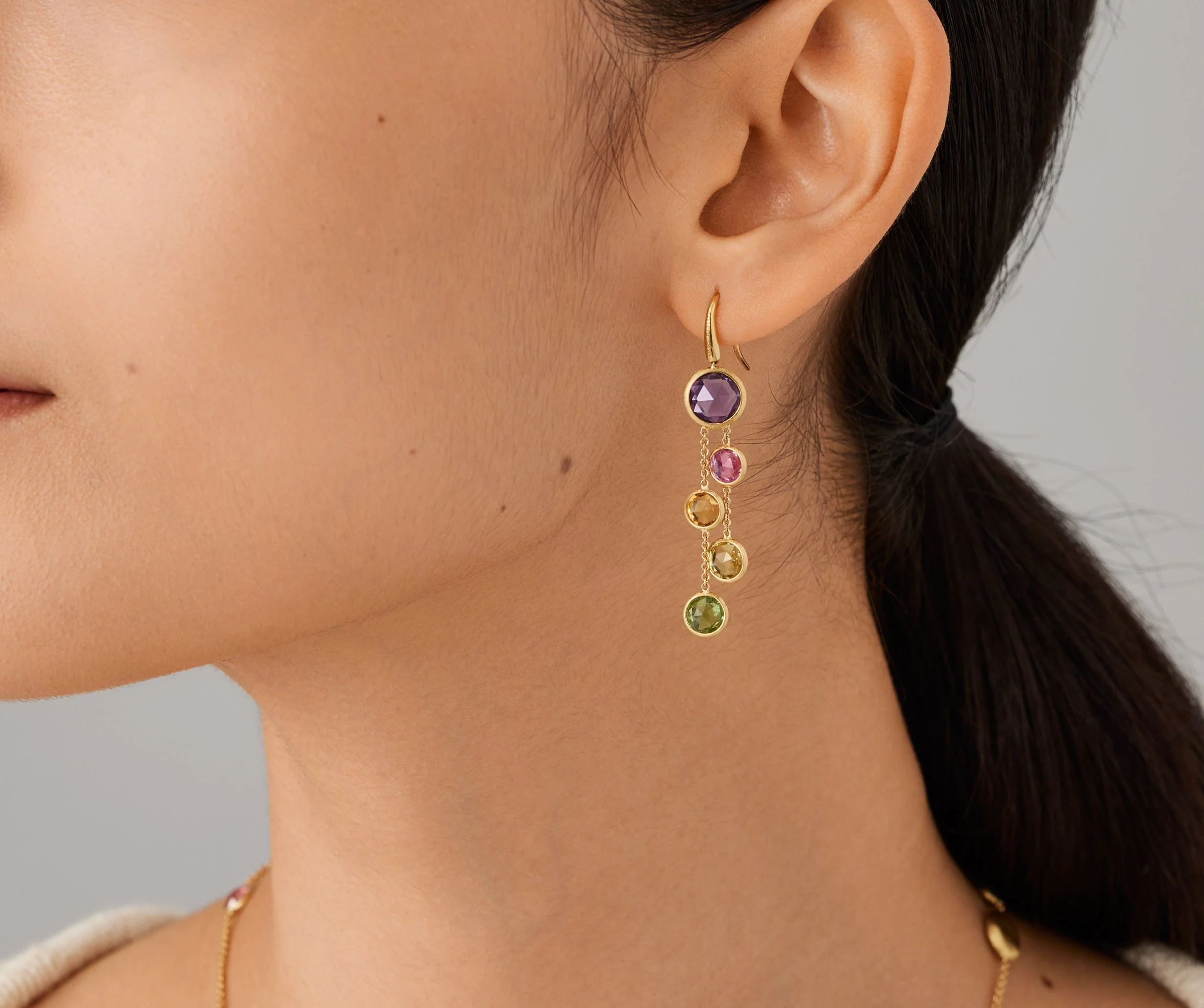 18K Yellow Gold Gemstone Two Strand Earrings, 1.8" - Image 2