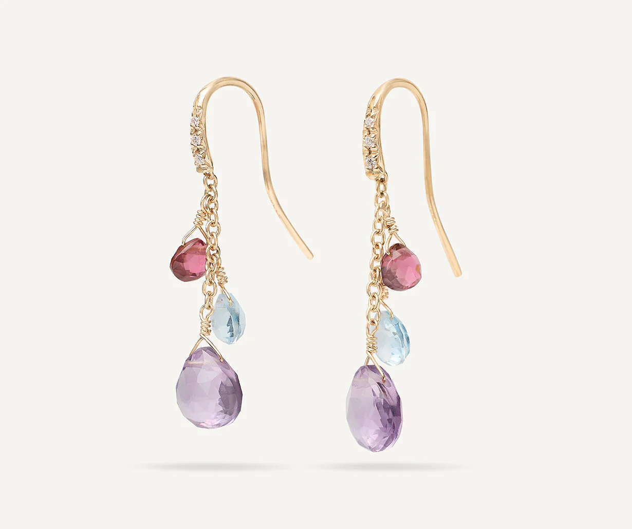 18K Yellow Gold Gemstone Earrings with Diamonds, Amethyst Accents, 1.3"