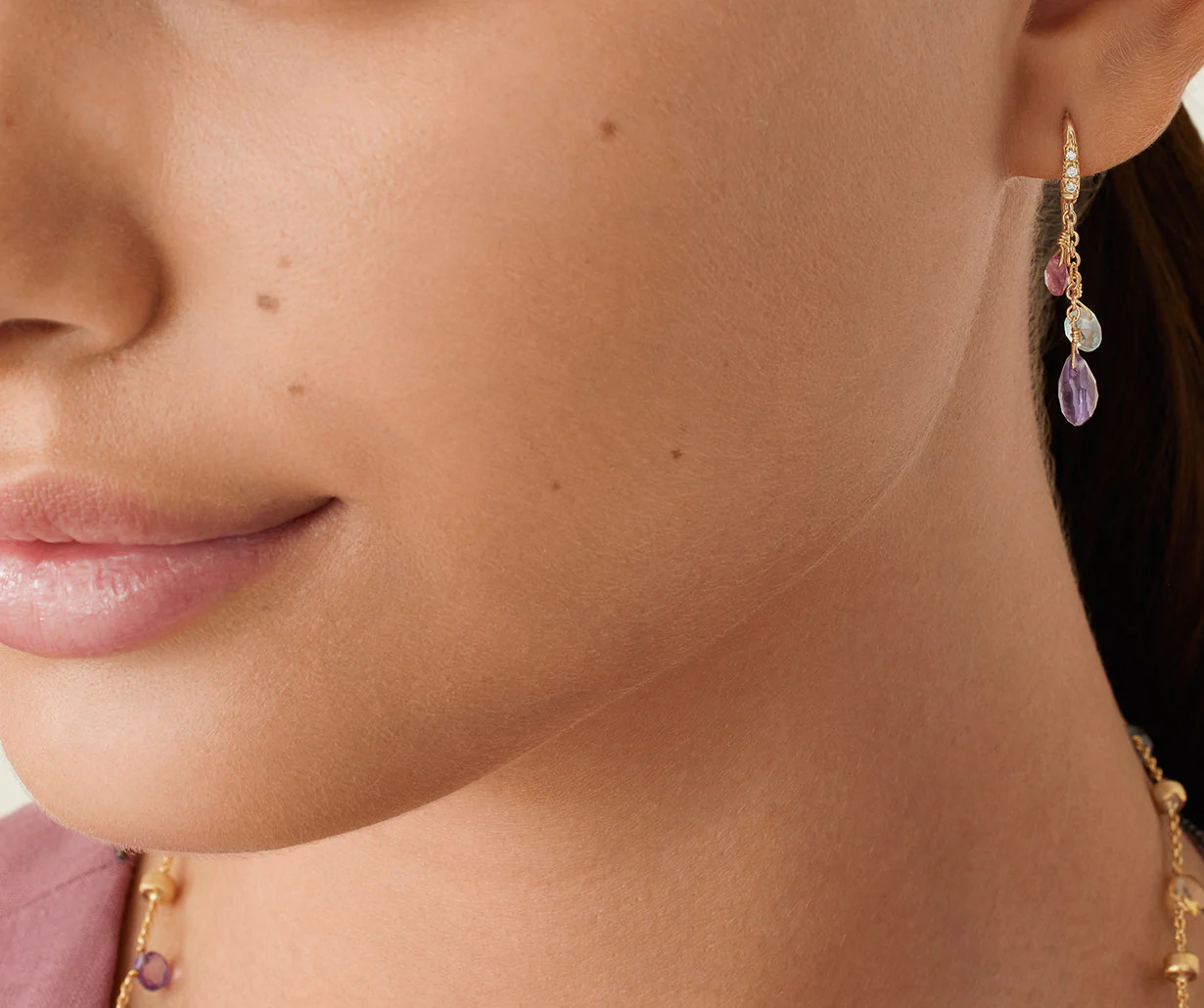 18K Yellow Gold Gemstone Earrings with Diamonds, Amethyst Accents, 1.3" - Image 2