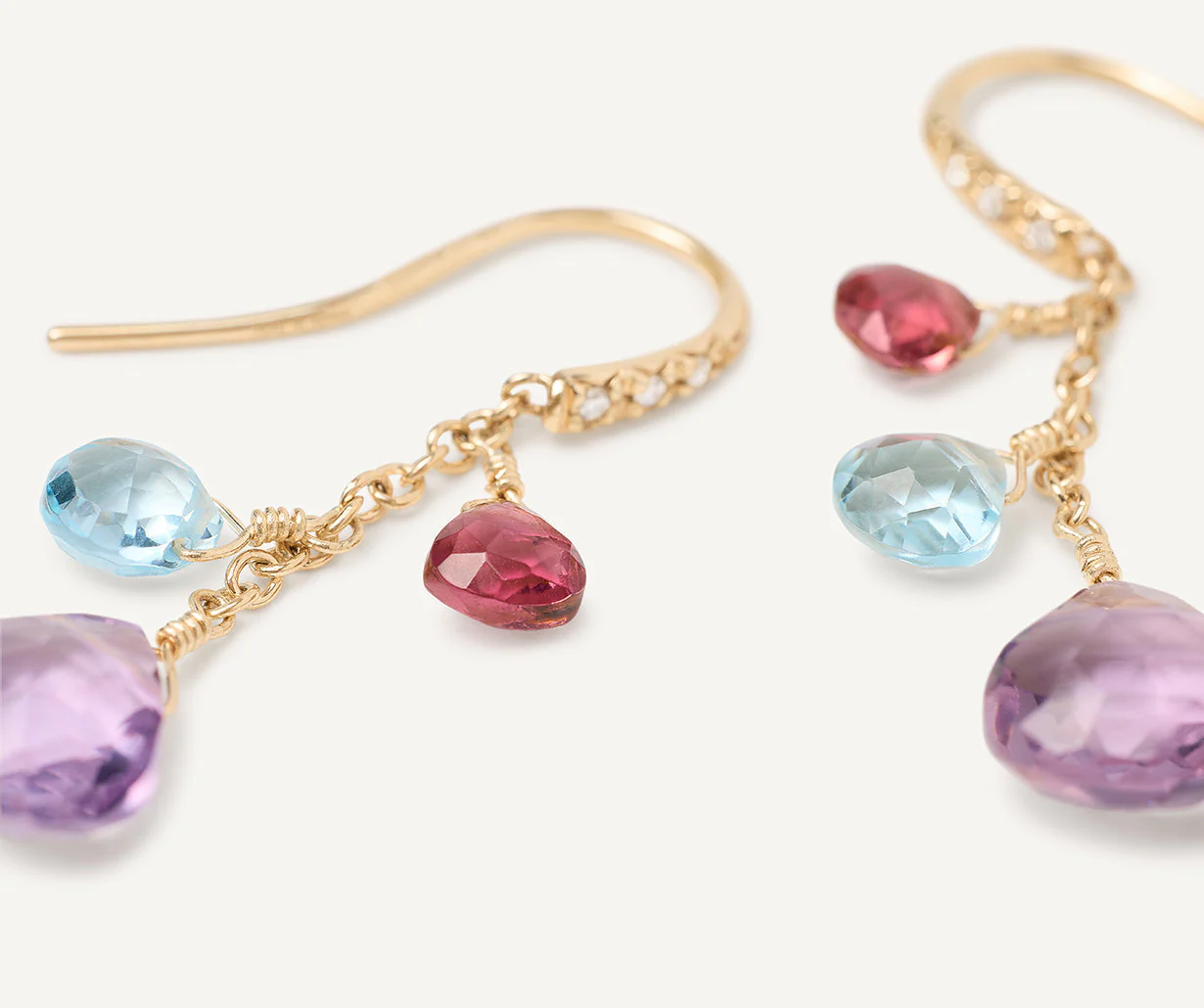 18K Yellow Gold Gemstone Earrings with Diamonds, Amethyst Accents, 1.3" - Image 3