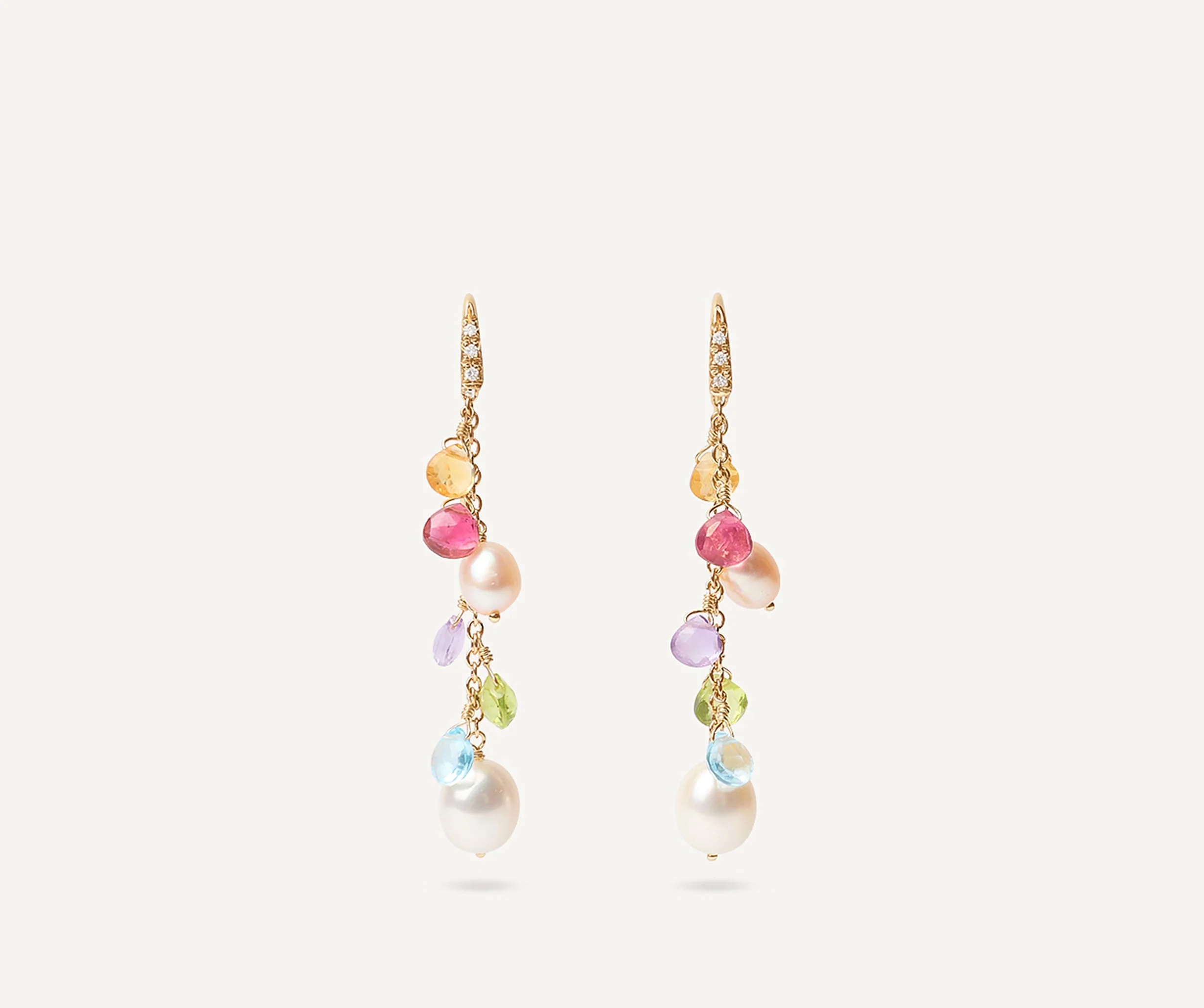 18K Yellow Gold Gemstone Earrings with Diamonds and Pearls, 2"