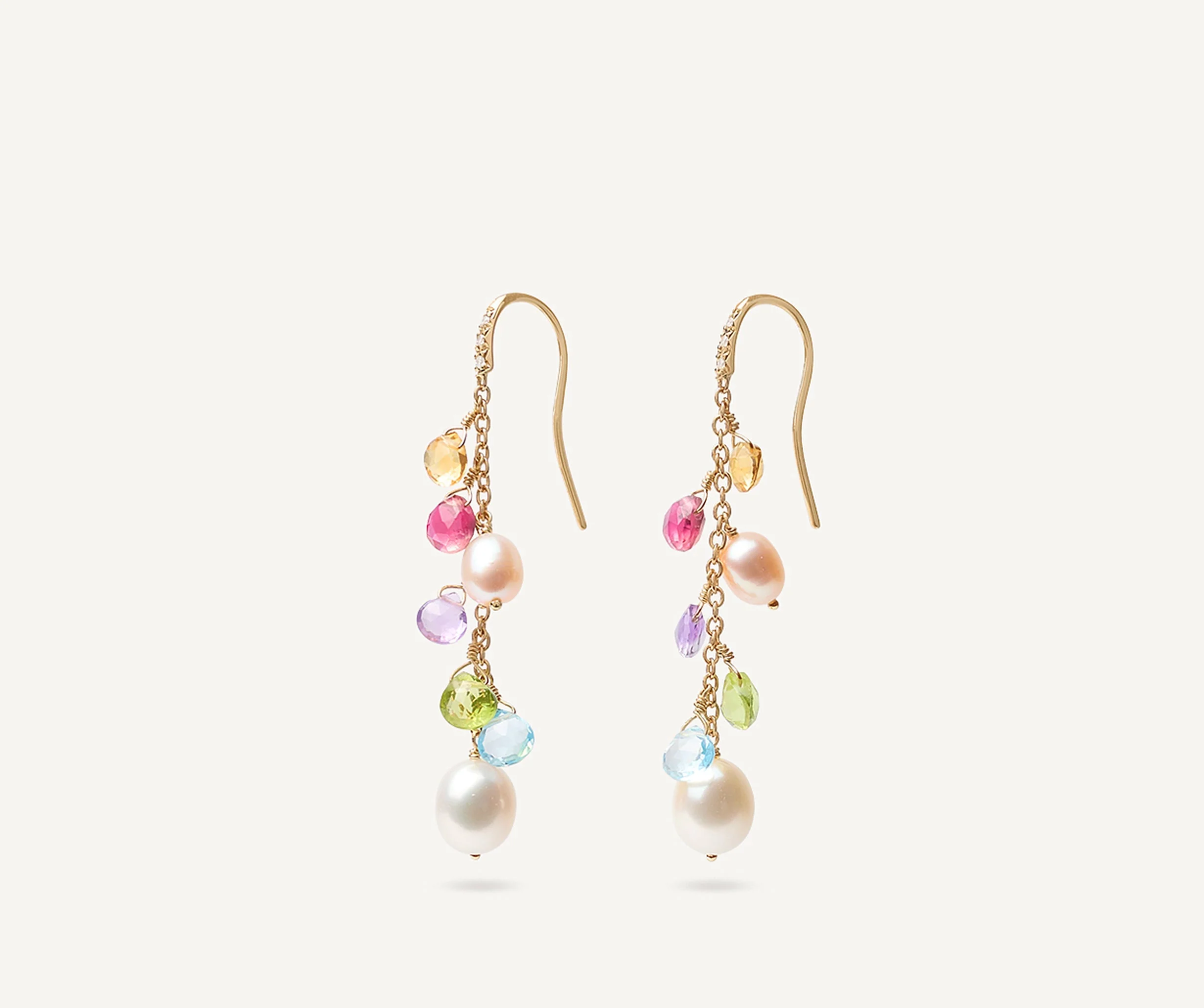 18K Yellow Gold Gemstone Earrings with Diamonds and Pearls, 2" - Image 3