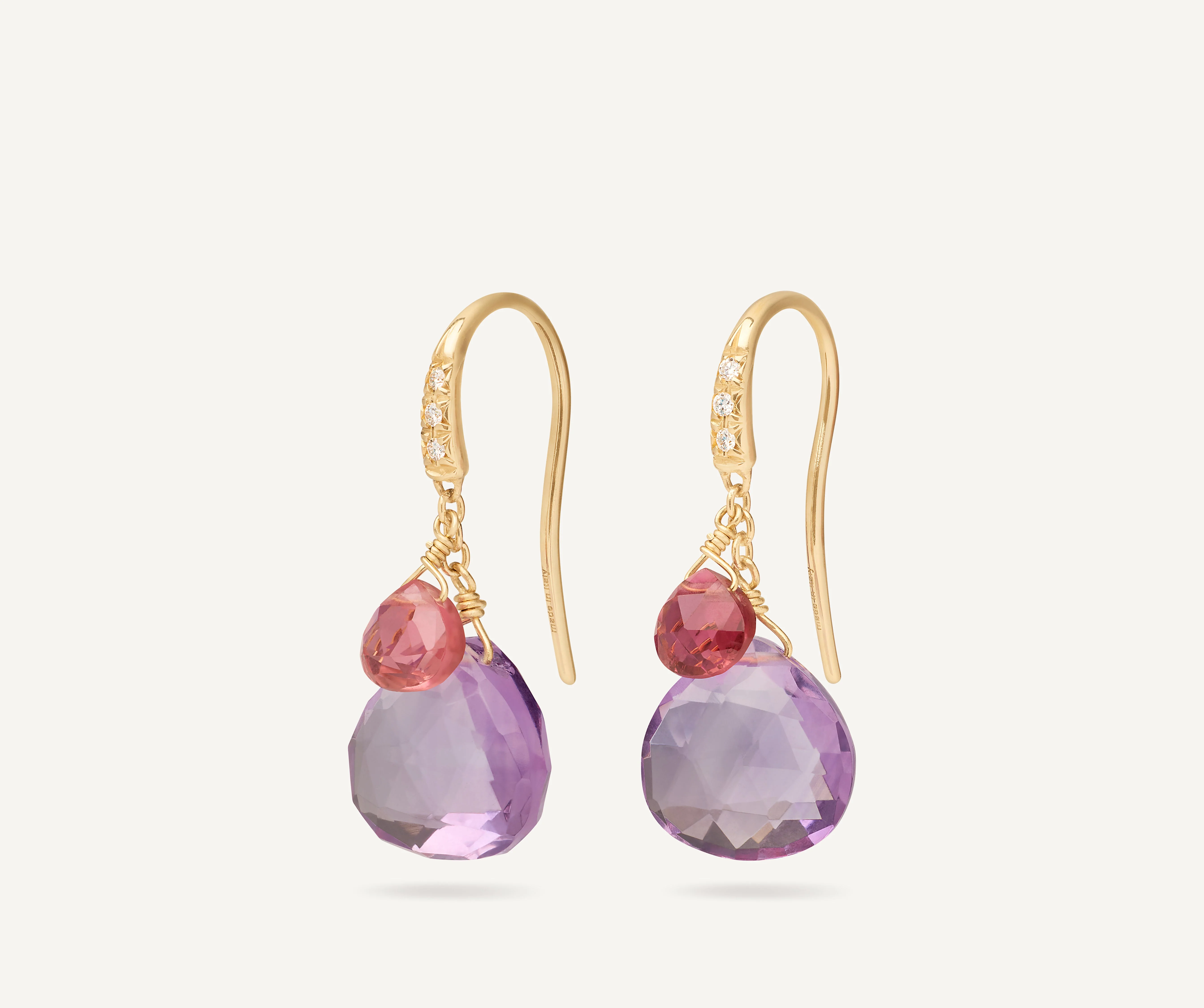 18K Yellow Gold Amethyst and Pink Tourmaline Earrings with Diamonds, 1.1"