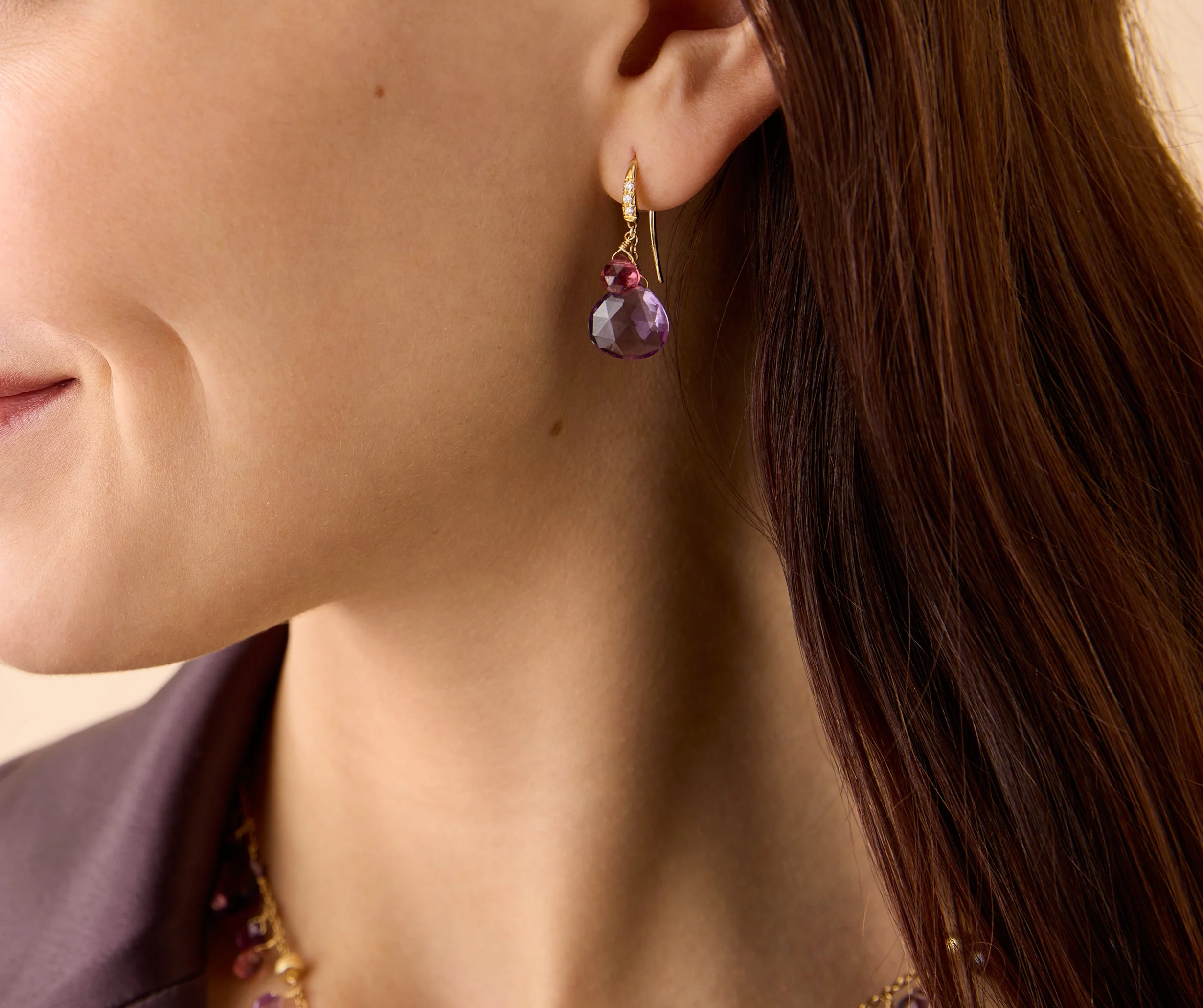 18K Yellow Gold Amethyst and Pink Tourmaline Earrings with Diamonds, 1.1" - Image 2