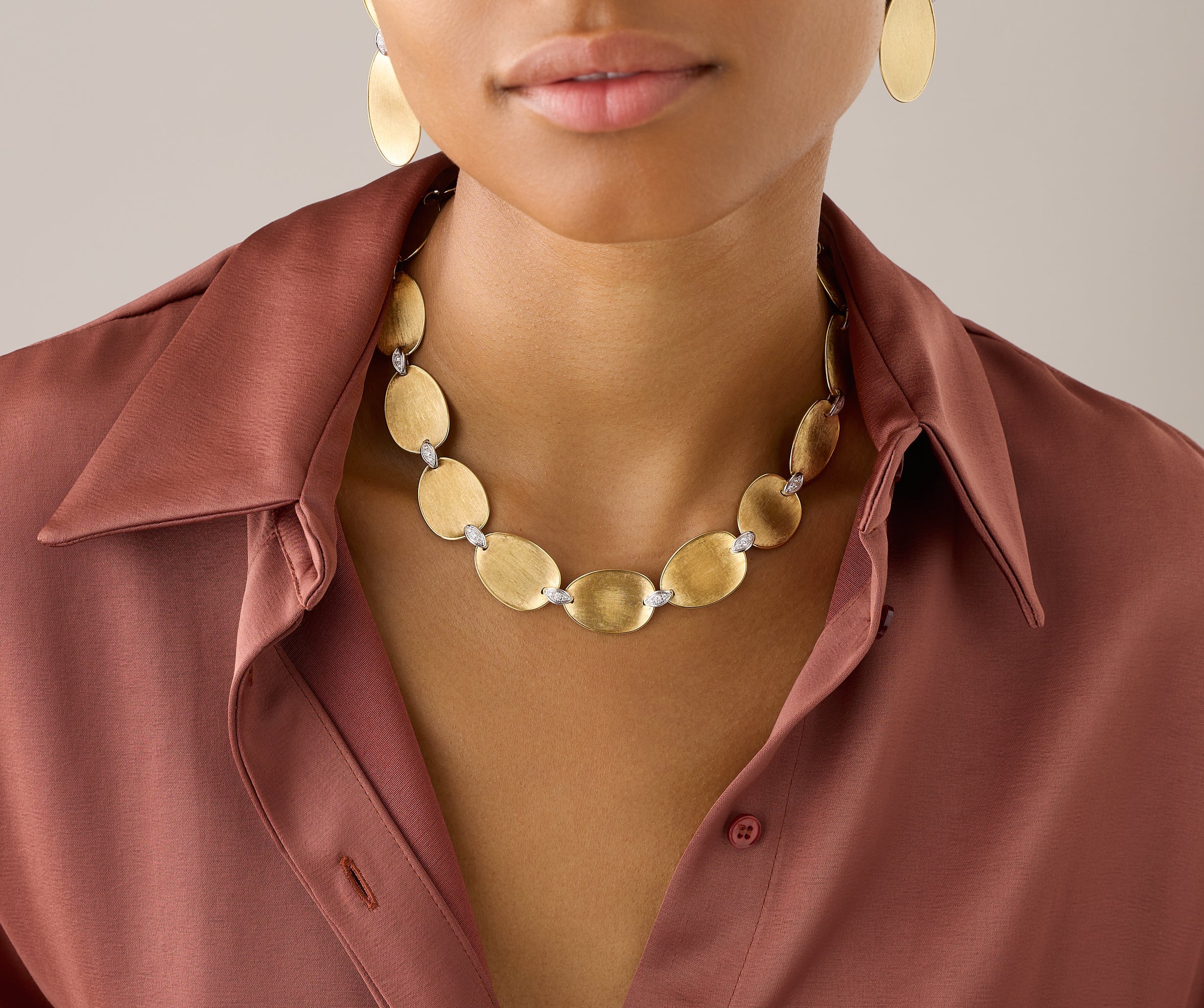 18K Yellow Gold Large Petal Necklace with Diamonds, 17.75" - Image 2