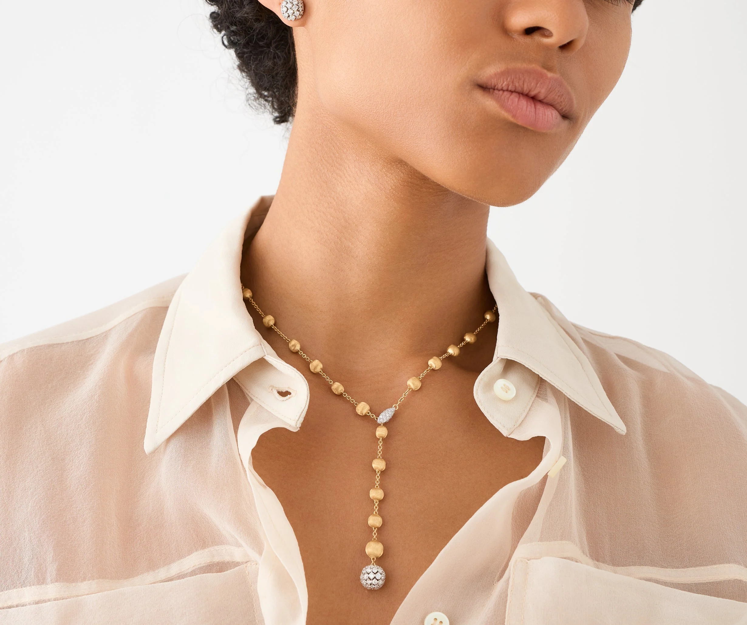 18K Yellow Gold Bead Lariat with Diamonds, 18" - Image 2