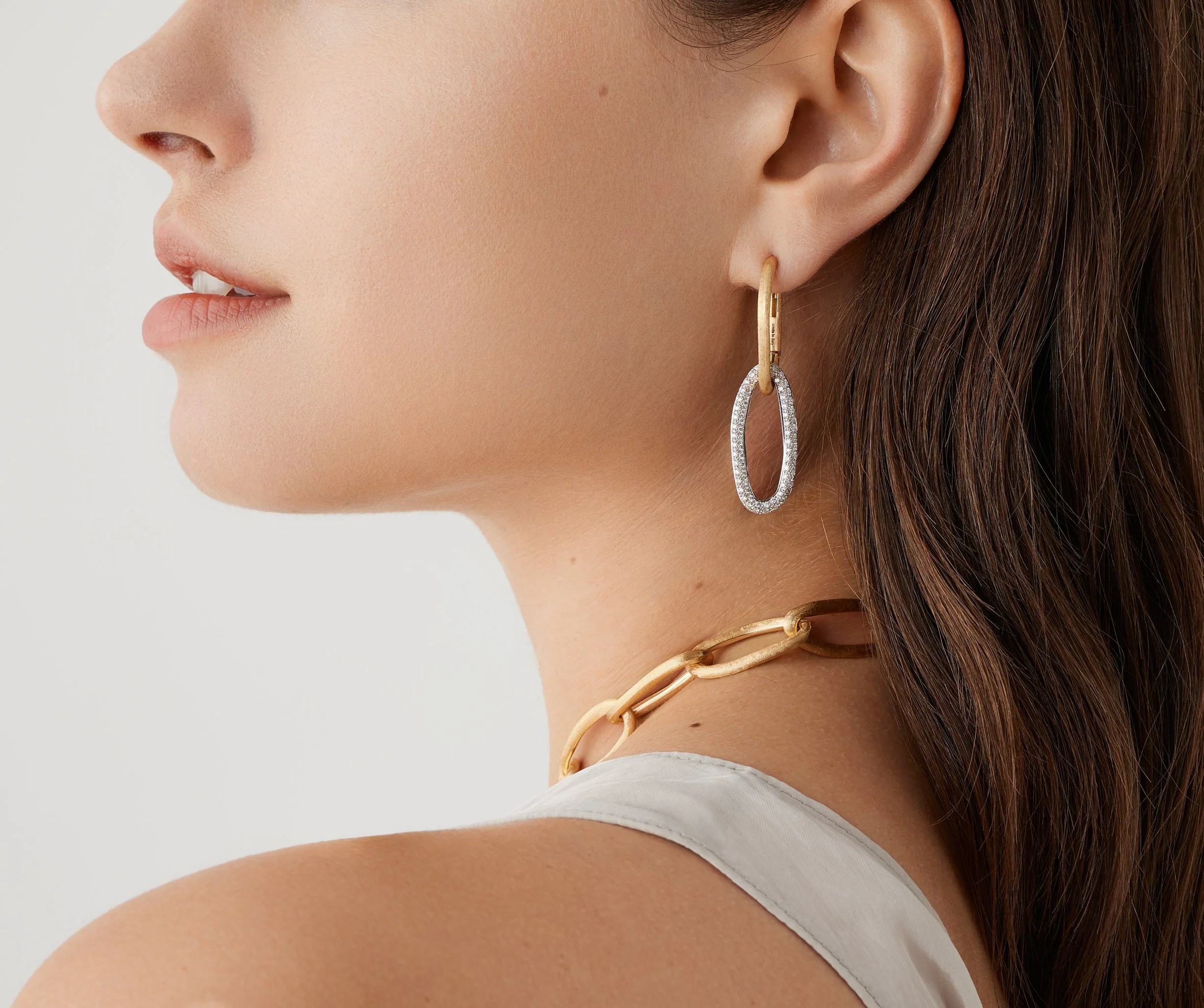 18K Yellow Gold Diamond Link Earrings, 1.8" - Image 2