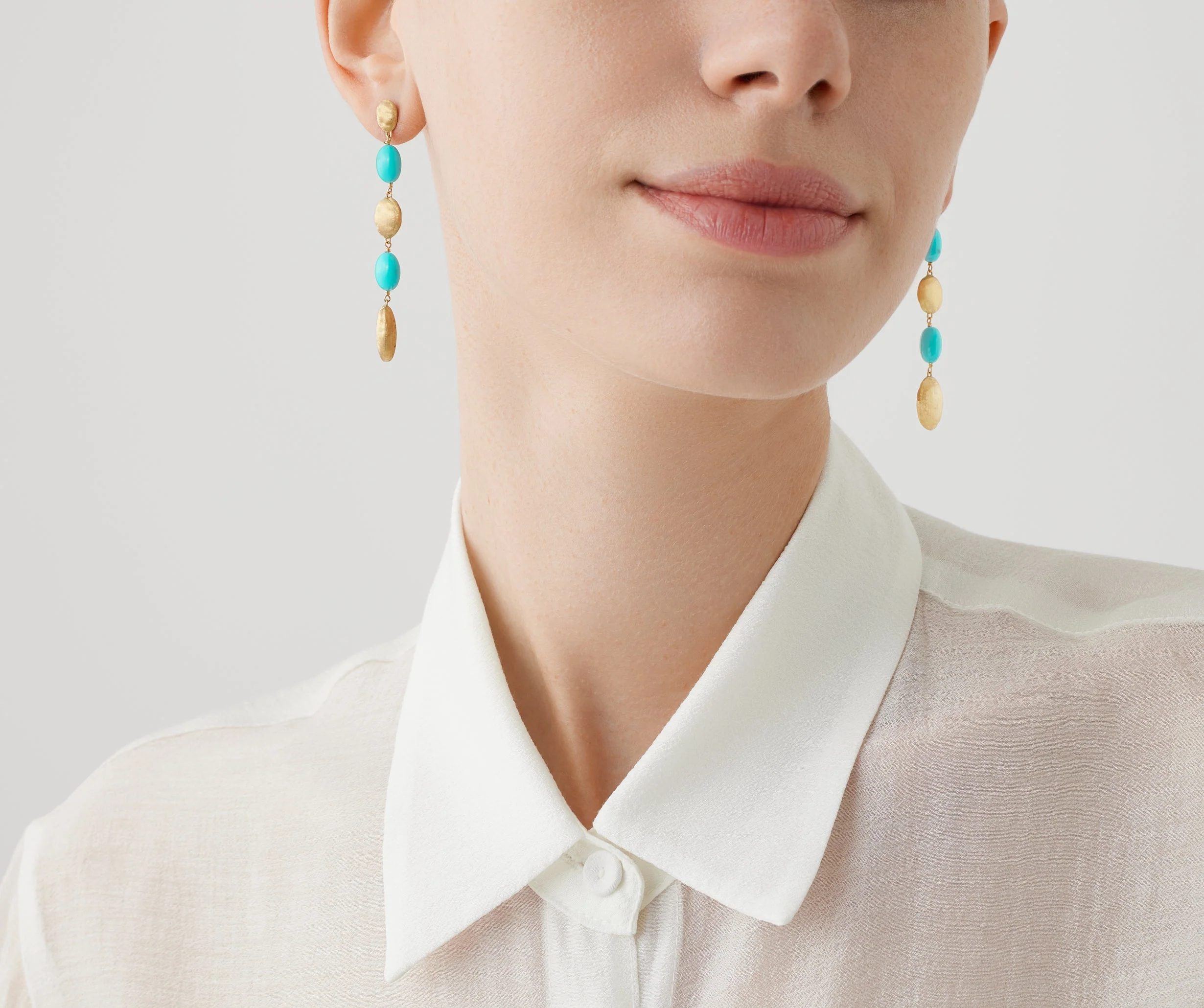 18K Yellow Gold Turquoise Earrings, 2.4" - Image 2