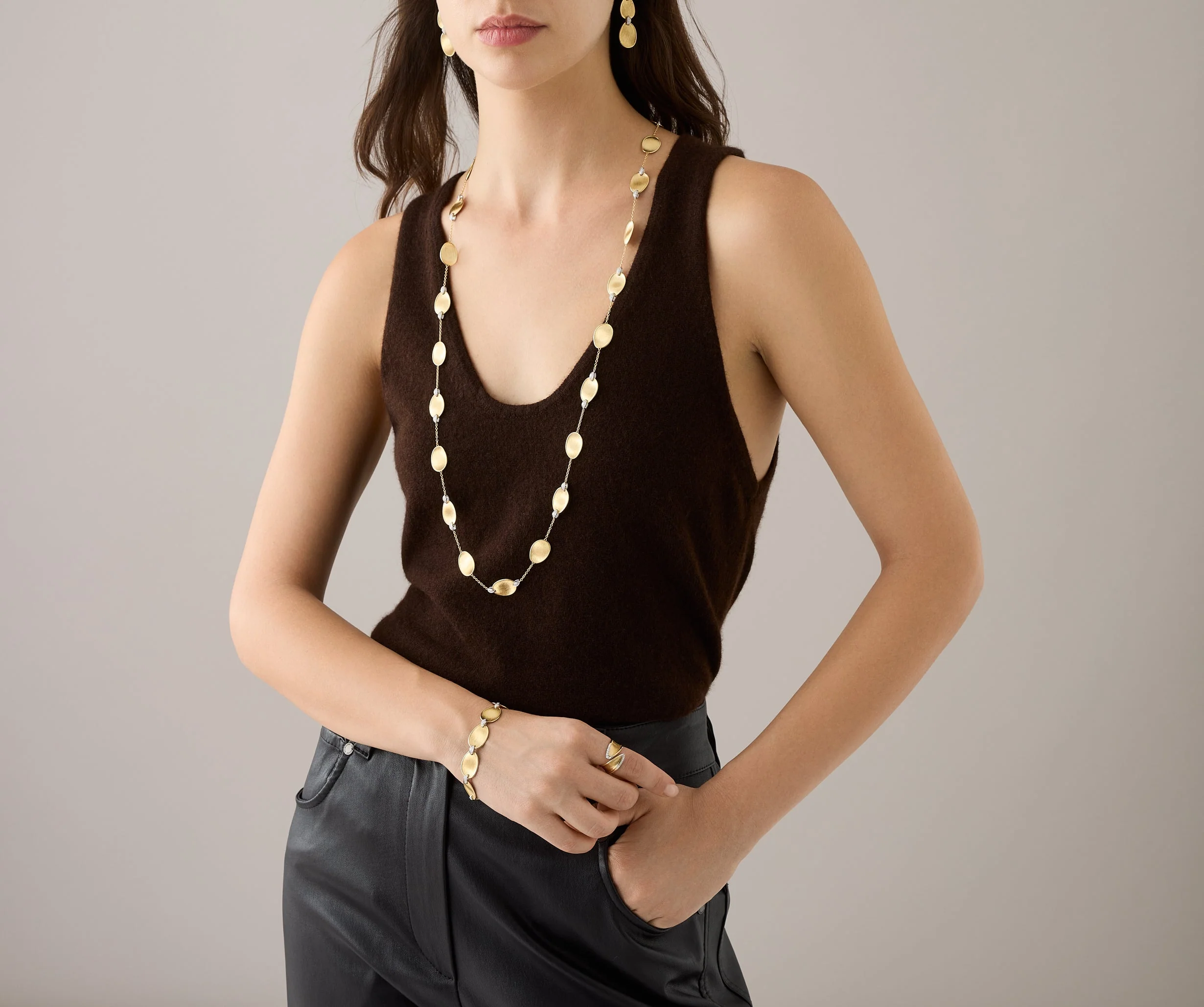 18K Yellow Gold Petal Necklace with Diamonds, 36" - Image 2
