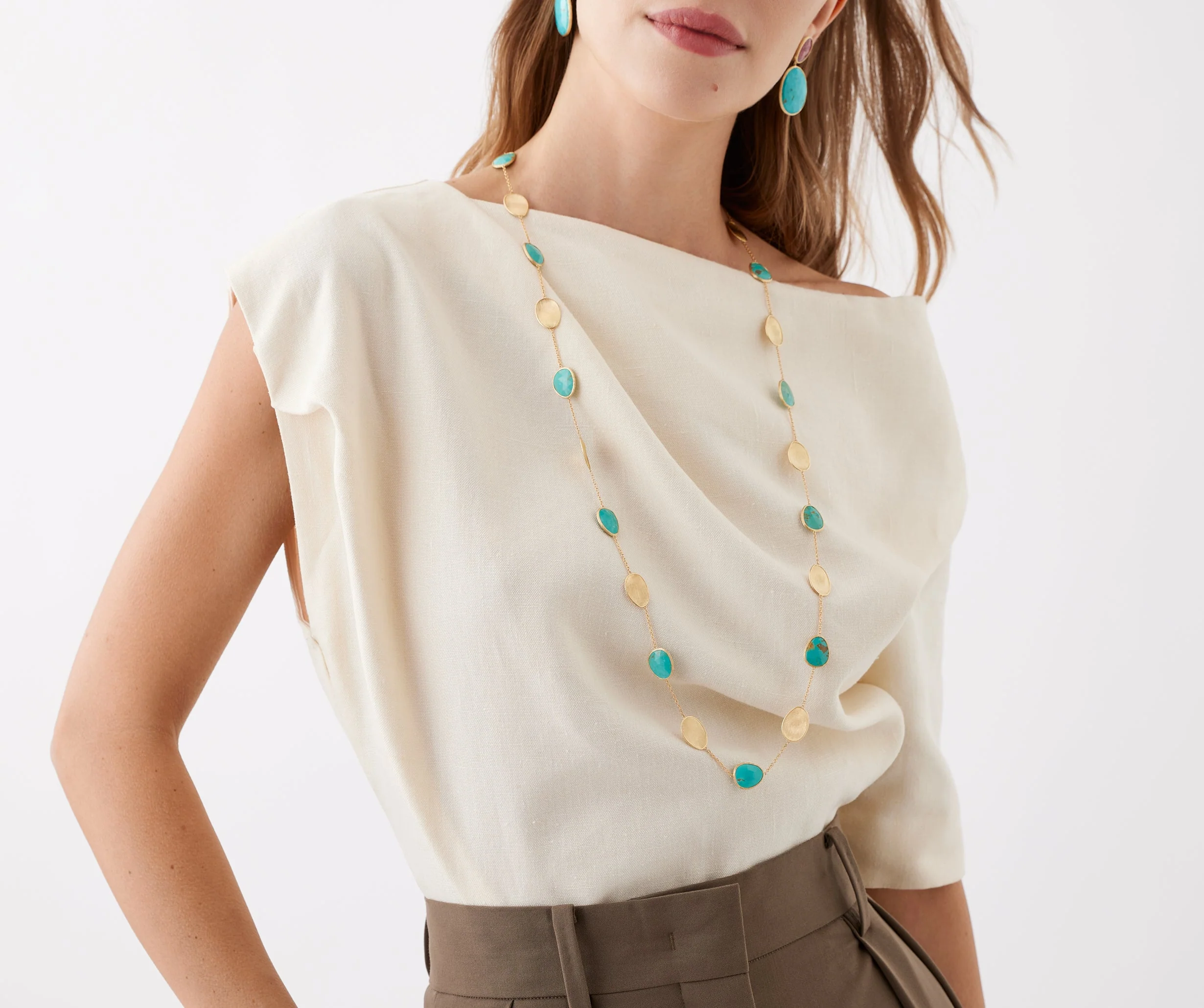 18K Yellow Gold Turquoise Petal Necklace, 36" - Image 2