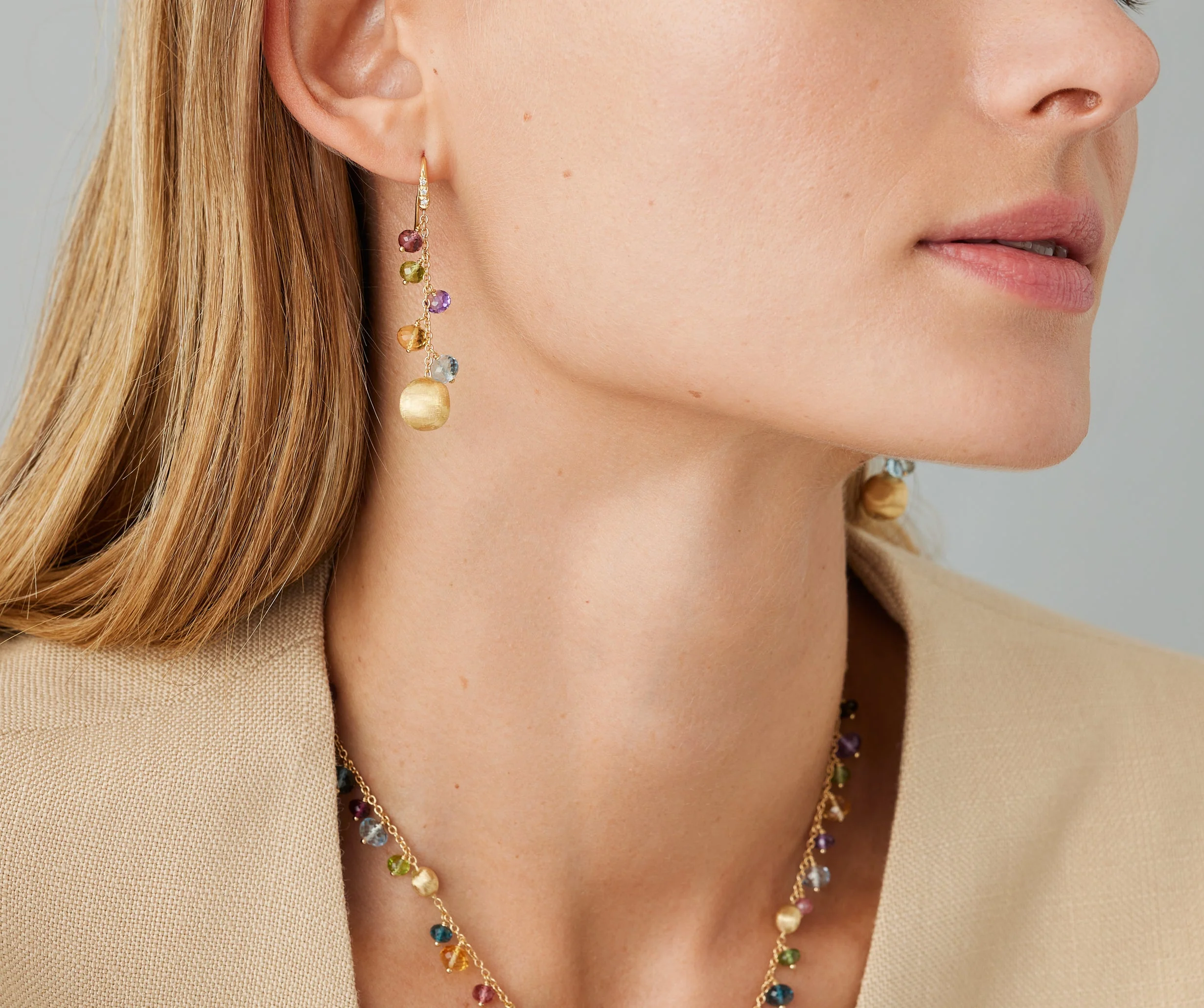 18K Yellow Gold Gemstone Earrings with Diamonds. 2" - Image 2